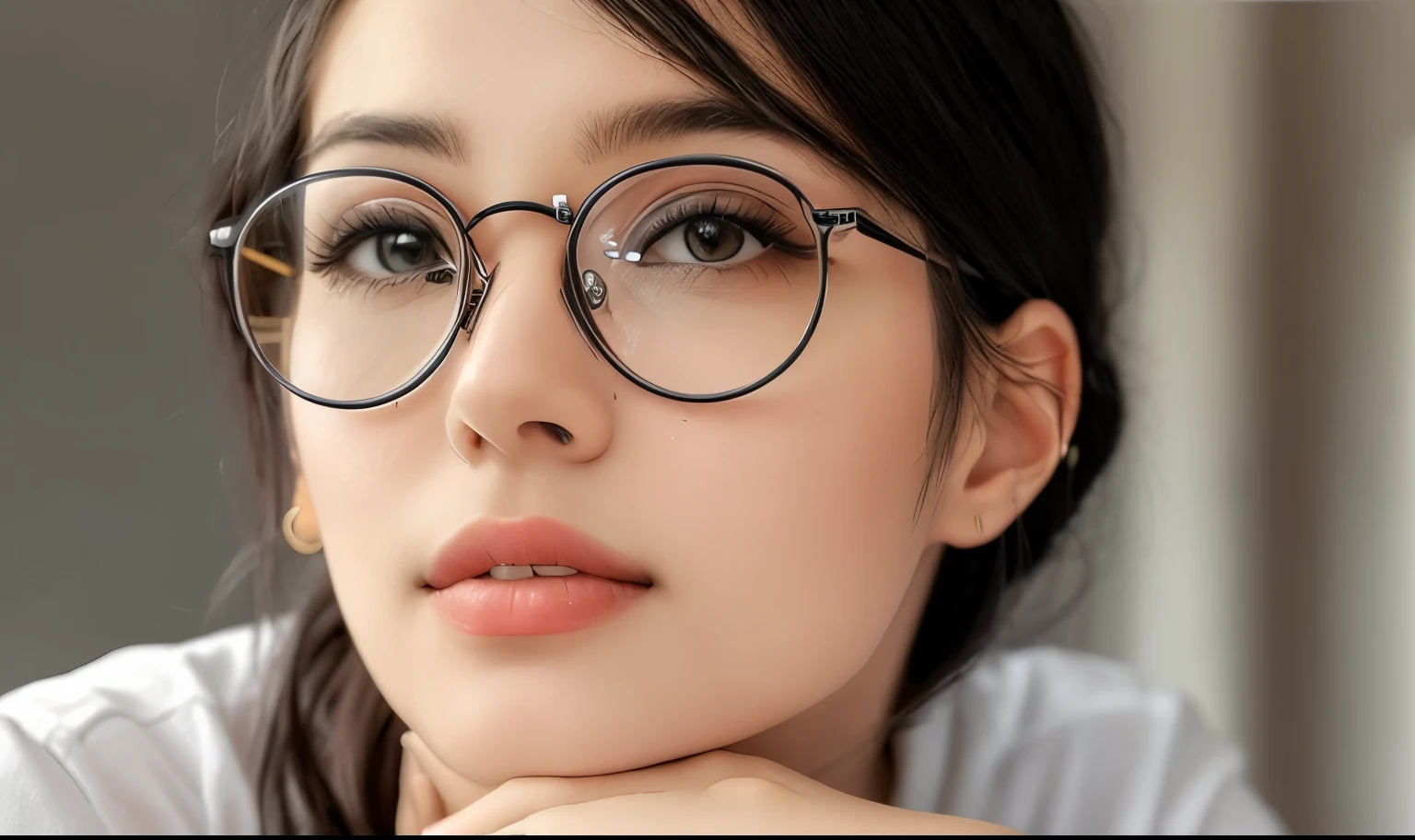 Close-up of a woman wearing glasses and a black shirt, girl wearing round glasses, wearing small round glasses, girl wear glasses, round glasses, big round glasses, thin round glasses, wearing round glasses, wearing thin large round glasses, solo portrait 🎨🖌️, 🤤 girl portrait, wear glasses的, Round glasses, high quality portraits, wear glasses