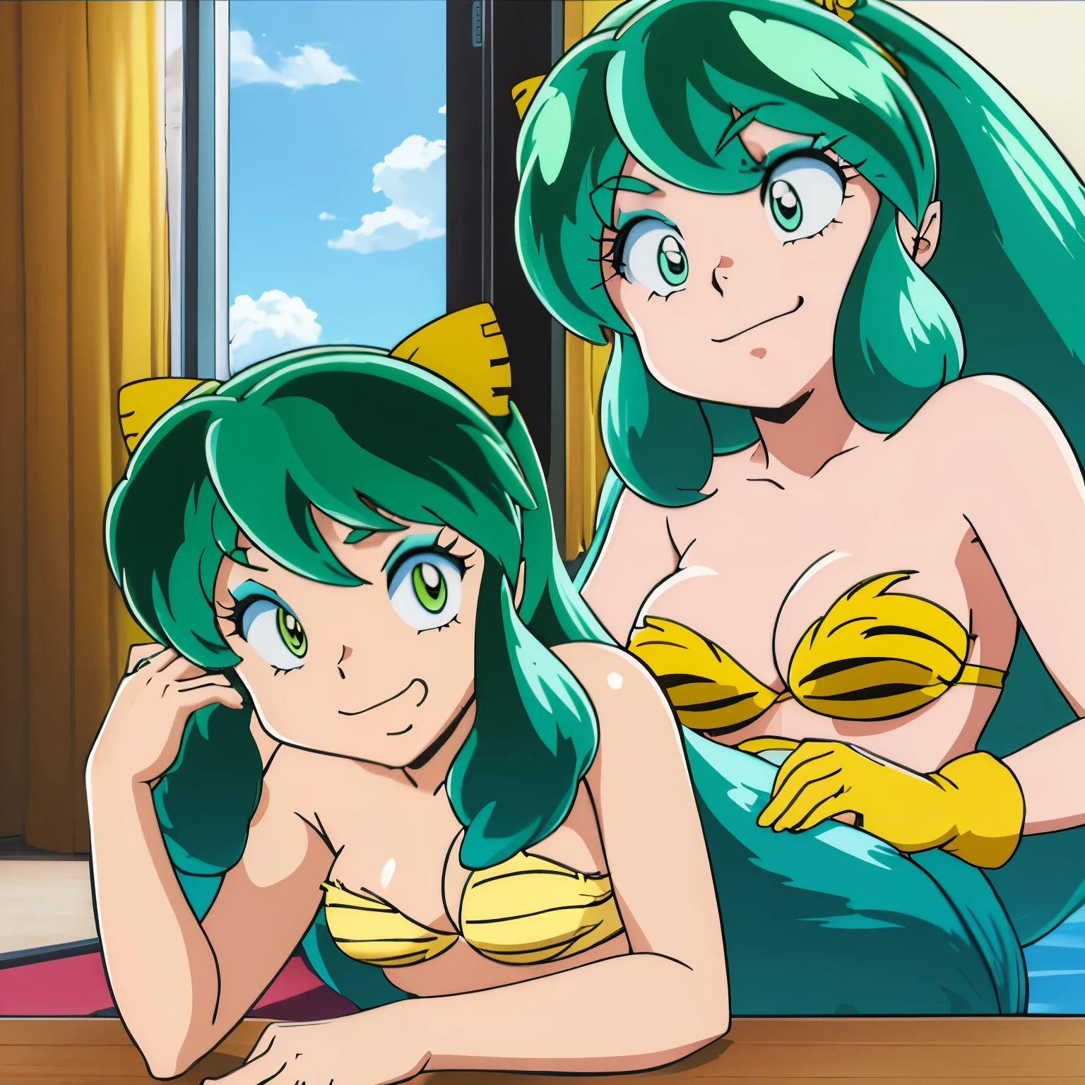solo, 1 girl,, long green hair, Yellow horn, rum, At Ataru's house, cheerful smile, Animated facial expressions, urusei yatsura, Bikini gloves, yellow bikini with big black stripes, throw beans