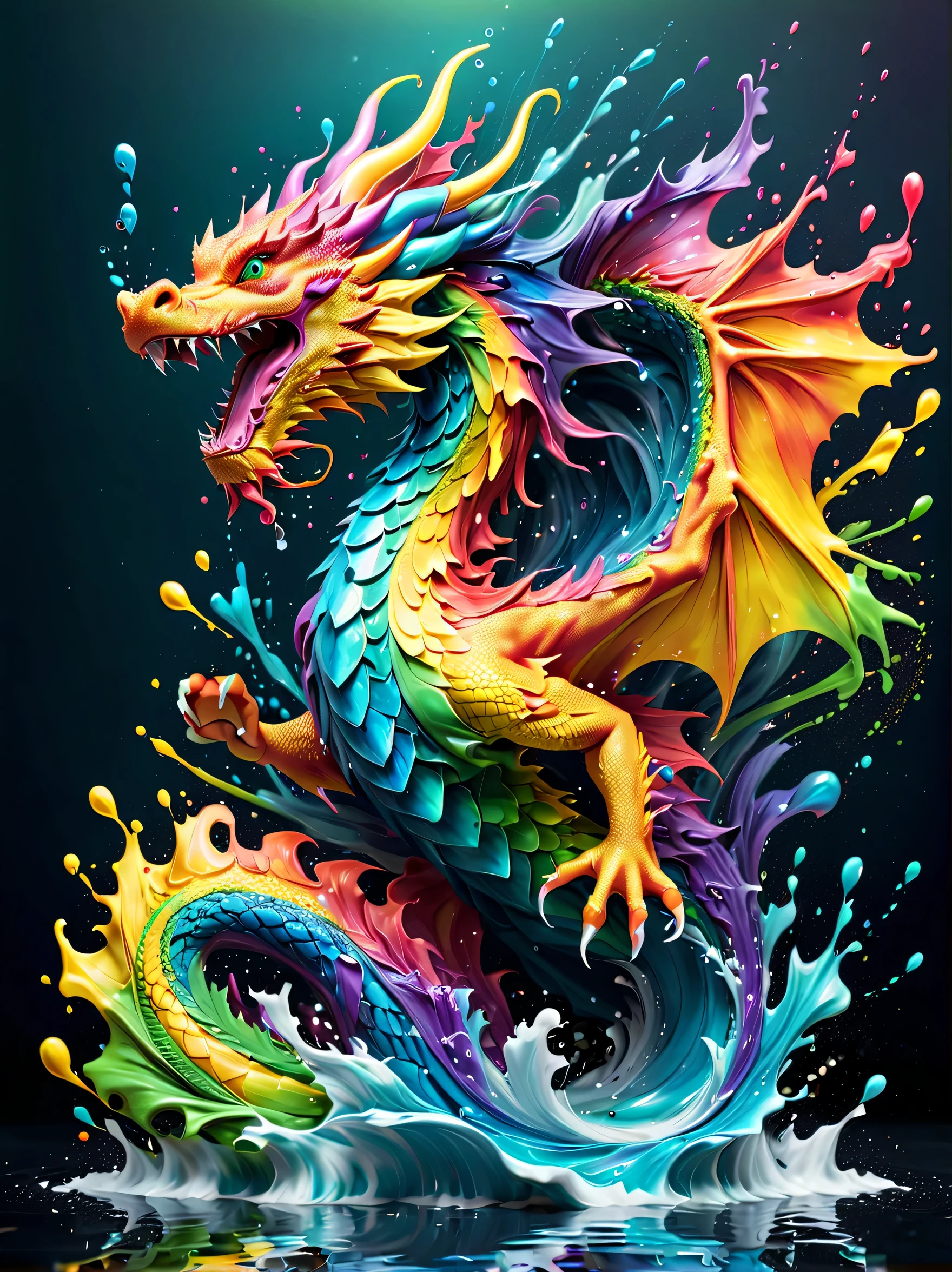 Expressing the flow of ink dancing in the wind,water effects,colorful water,A dragon is swimming in the ink,dragon&#39;The body is smooth and streamlined.,Ink splash,Sparkling,Bright colors,light reflection,rich colors,abstract,3D,8K,High resolution,masterpiece,high quality,Detailed details,Colors of the rainbow,laugh mischievously,tricky,design,fun,bright colors,splash of water,invite you to the world of art,wonderful,dim background