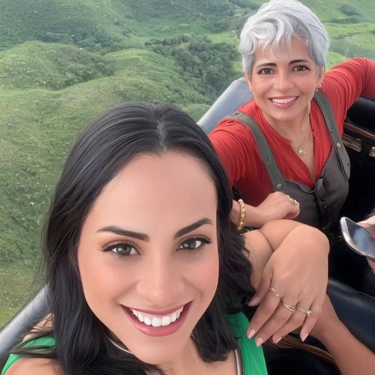 there are two women riding in an air balloon 1 45 year old Brazilian mother, cabelos curtos, Mulher de 30 anos de Cuba, by Fernando Gerassi, In the sky, malika favre, looks like fabiula nascimento, powder Nándor Katona, view from helicopter, com montanhas ao fundo, por Willian Murai
