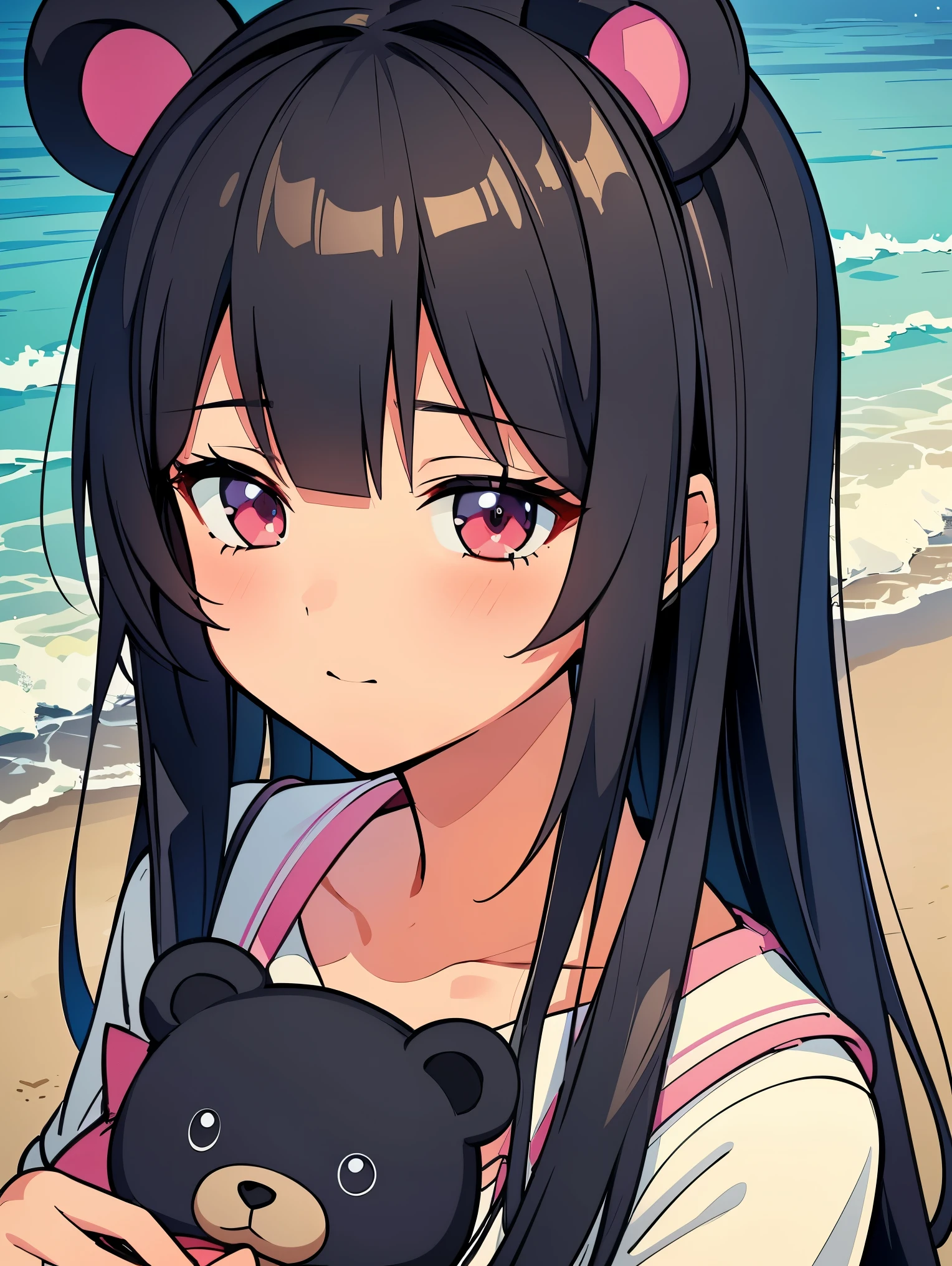 There is a woman holding a teddy bear on the beach, cute realistic portrait, cute anime girl, Animated visual of a cute girl, Smooth animated CG art, Guweiz style art work, portrait of cute anime girl, Cute portrait, beautiful animated portraits, beautiful anime girl, cute anime girl portrait, Realistic animated 3D style