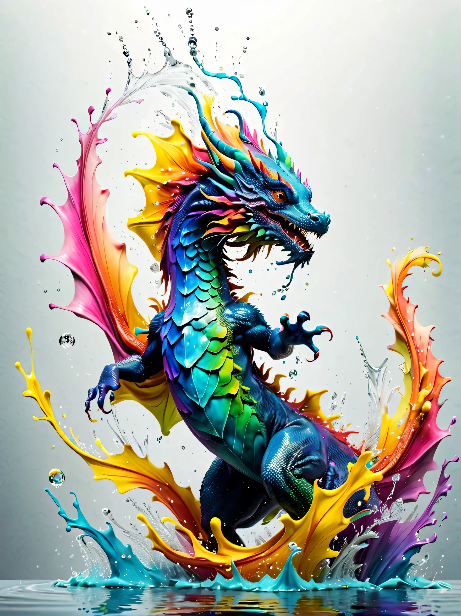 Expressing the flow of ink dancing in the wind,water effects,colorful water,A water dragon is swimming in the ink,dragon&#39;The body is smooth and streamlined.,Ink splash,Sparkling,Bright colors,light reflection,rich colors,abstract,3D,8K,High resolution,masterpiece,high quality,Detailed details,Colors of the rainbow,laugh mischievously,tricky,design,fun,bright colors,splash of water,invite you to the world of art,wonderful,dim background