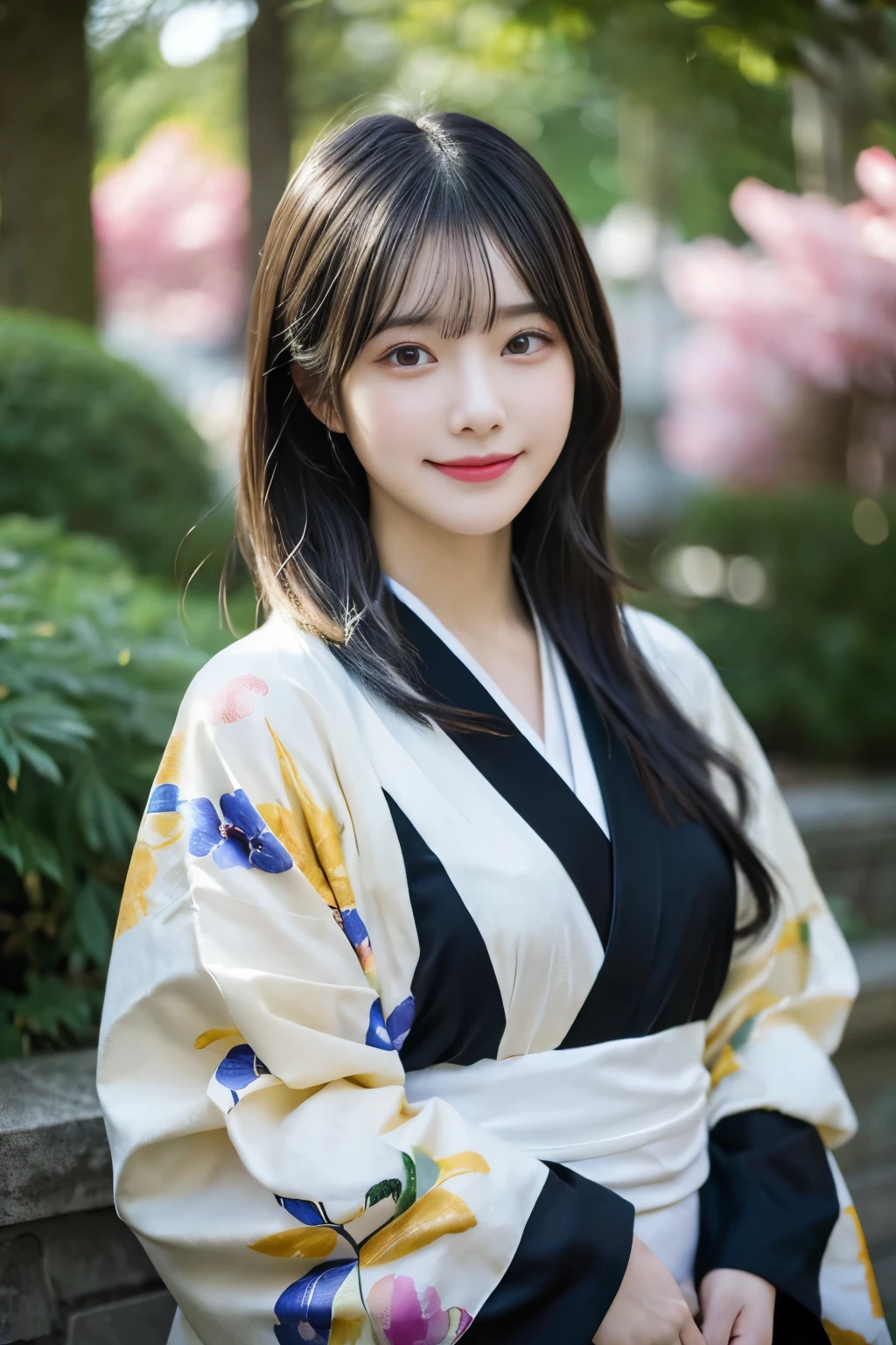 (kimono)、random pose、(highest quality,masterpiece:1.3,Super high resolution,),(super detailed,caustics),(Photoreal:1.4,RAW shooting,)ultra-realistic capture,very detailed,High resolution 16K human skin closeup、 Natural skin texture、、Skin looks even-toned and healthy、 Use natural light and color,1 girl,Japanese,22 years old,cute,black haired,middle hair,,smile,,(Depth of bounds written、chromatic aberration、、wide range of lighting、natural shading、)、