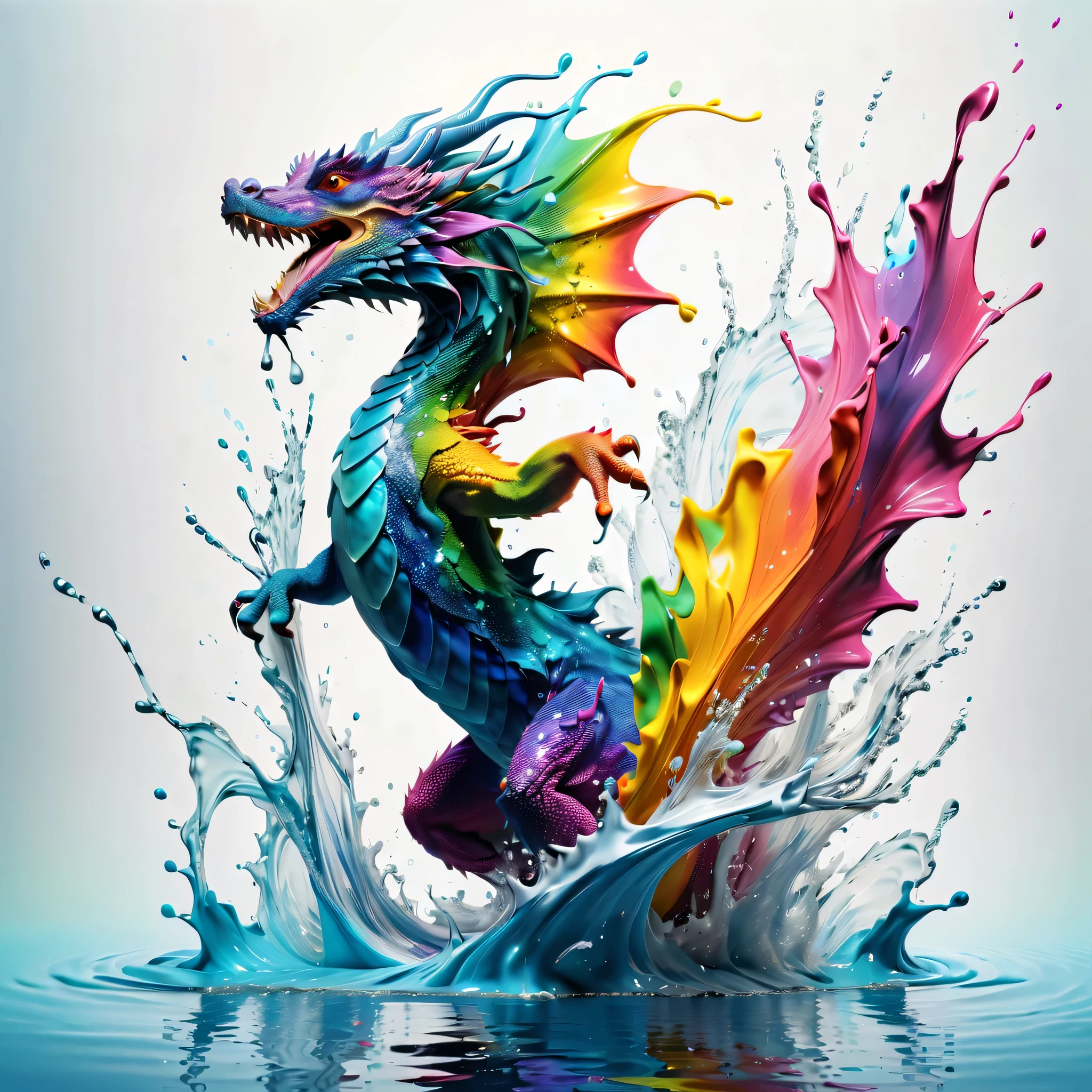 Expressing the flow of ink dancing in the wind,water effects,colorful water,A water dragon is swimming in the ink,dragon&#39;The body is smooth and streamlined.,Ink splash,Sparkling,Bright colors,light reflection,rich colors,abstract,3D,8K,High resolution,masterpiece,high quality,Detailed details,Colors of the rainbow,laugh mischievously,tricky,design,fun,bright colors,splash of water,invite you to the world of art,wonderful,dim background