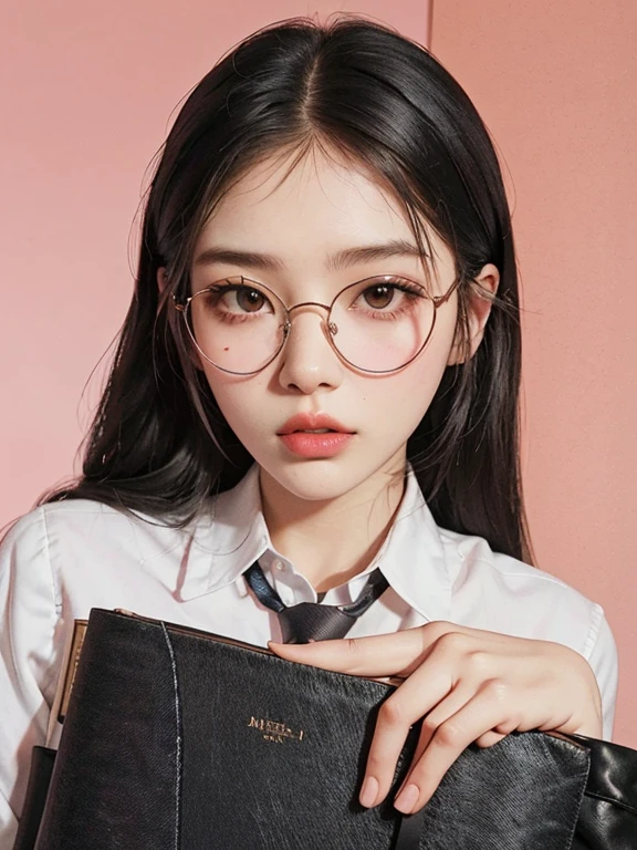 arafed image of a woman con gafas and a tie holding a book, portrait of jossi de blackpink, con gafas, jaeyeon nam, jennie rosa negro, jossi de blackpink, usar gafas redondas grandes y delgadas, lee ji-eun, lee ji - eun, Jinyoung Shin, aparcar desde-min, con gafas cuadradas, wearing small round glasses