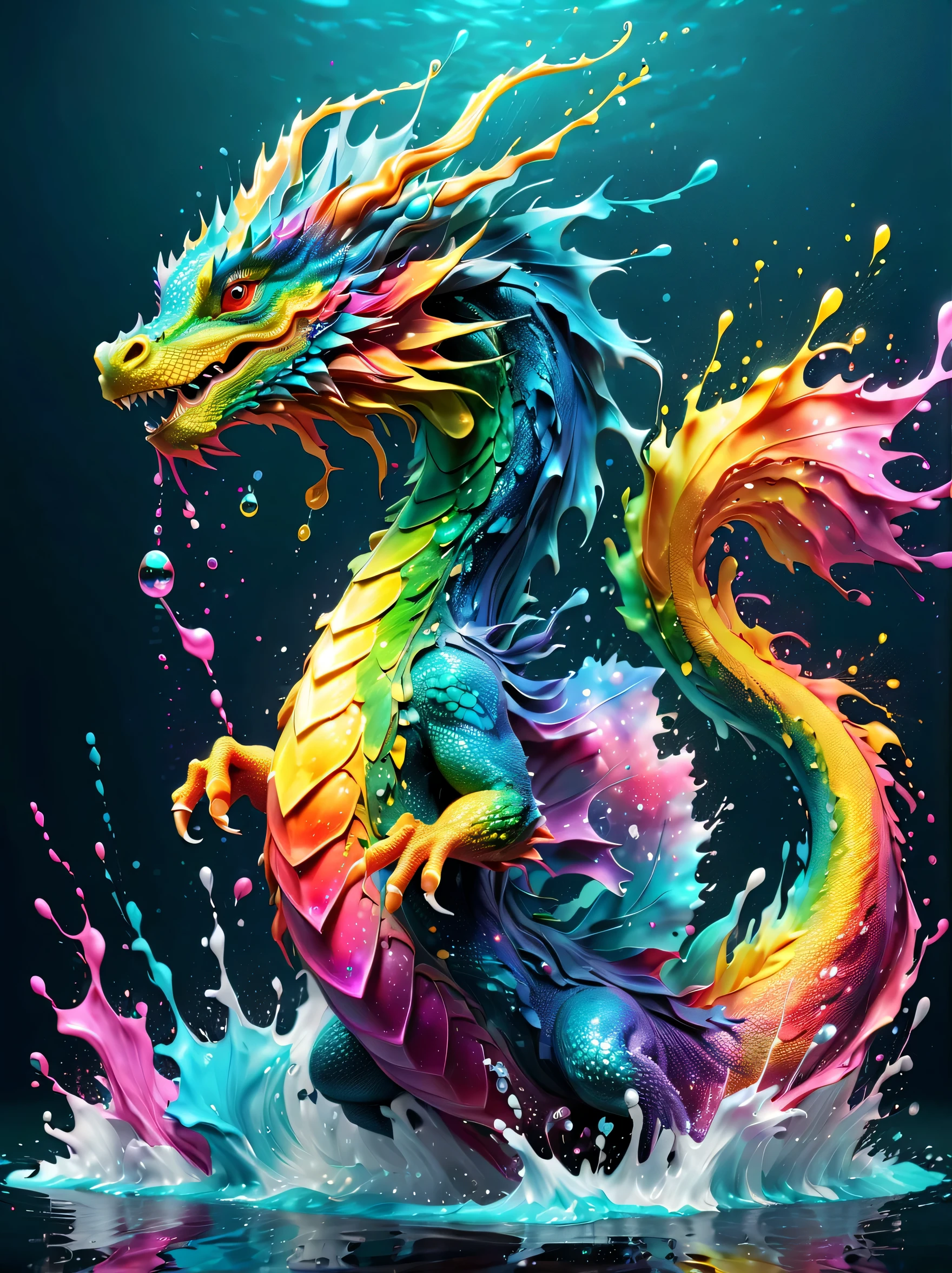 Expressing the flow of ink dancing in the wind,water effects,colorful water,A water dragon is swimming in the ink,dragon'The body is smooth and streamlined.,Ink splash,Sparkling,Bright colors,light reflection,rich colors,abstract,3D,8K,High resolution,masterpiece,high quality,Detailed details,Colors of the rainbow,laugh mischievously,tricky,design,fun,bright colors,splash of water,invite you to the world of art,wonderful,dim background