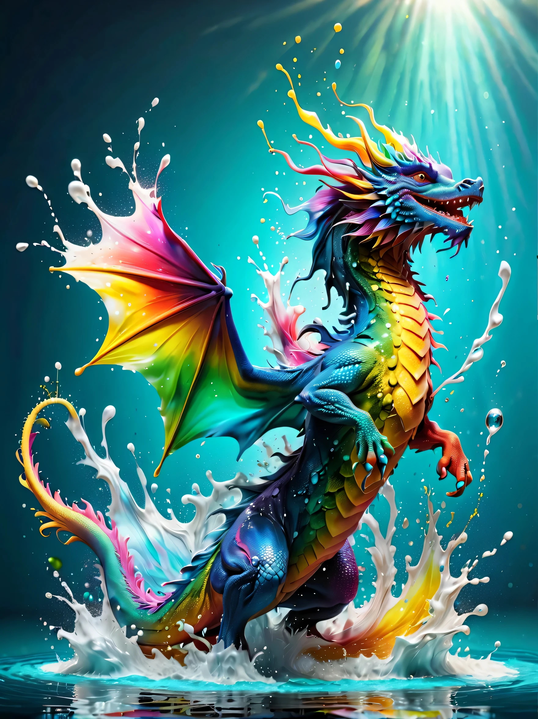 Expressing the flow of ink dancing in the wind,water effects,colorful water,A water dragon is swimming in the ink,dragon'The body is smooth and streamlined.,Ink splash,Sparkling,Bright colors,light reflection,rich colors,abstract,3D,8K,High resolution,masterpiece,high quality,Detailed details,Colors of the rainbow,laugh mischievously,tricky,design,fun,bright colors,splash of water,invite you to the world of art,wonderful,dim background