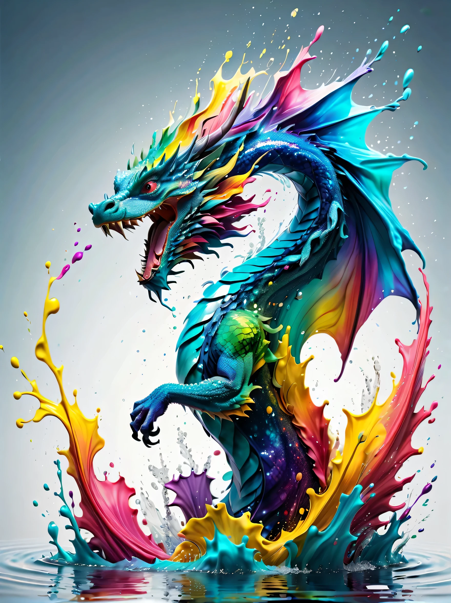 Expressing the flow of ink dancing in the wind,water effects,colorful water,A water dragon is swimming in the ink,dragon&#39;The body is smooth and streamlined.,Ink splash,Sparkling,Bright colors,light reflection,rich colors,abstract,3D,8K,High resolution,masterpiece,high quality,Detailed details,Colors of the rainbow,laugh mischievously,tricky,design,fun,bright colors,splash of water,invite you to the world of art,wonderful,dim background