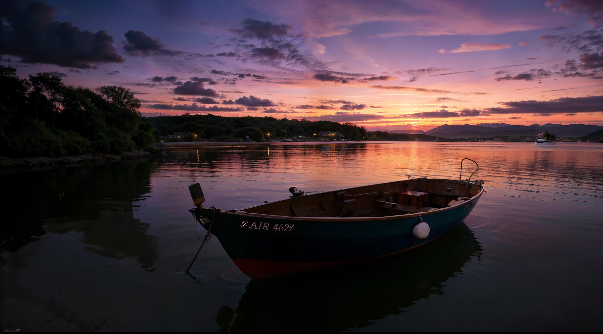 there is a small boat that is sitting in the water, serene colors, at purple sunset, calm evening, blue hour photography, photography shot at blue hour, calm vivid colors, vibrant setting, purple glow, purple sunset, colorful sunset, serene evening atmosphere, tranquility, taken with sigma 2 0 mm f 1. 4, vibrant vivid colors, calm atmosphere