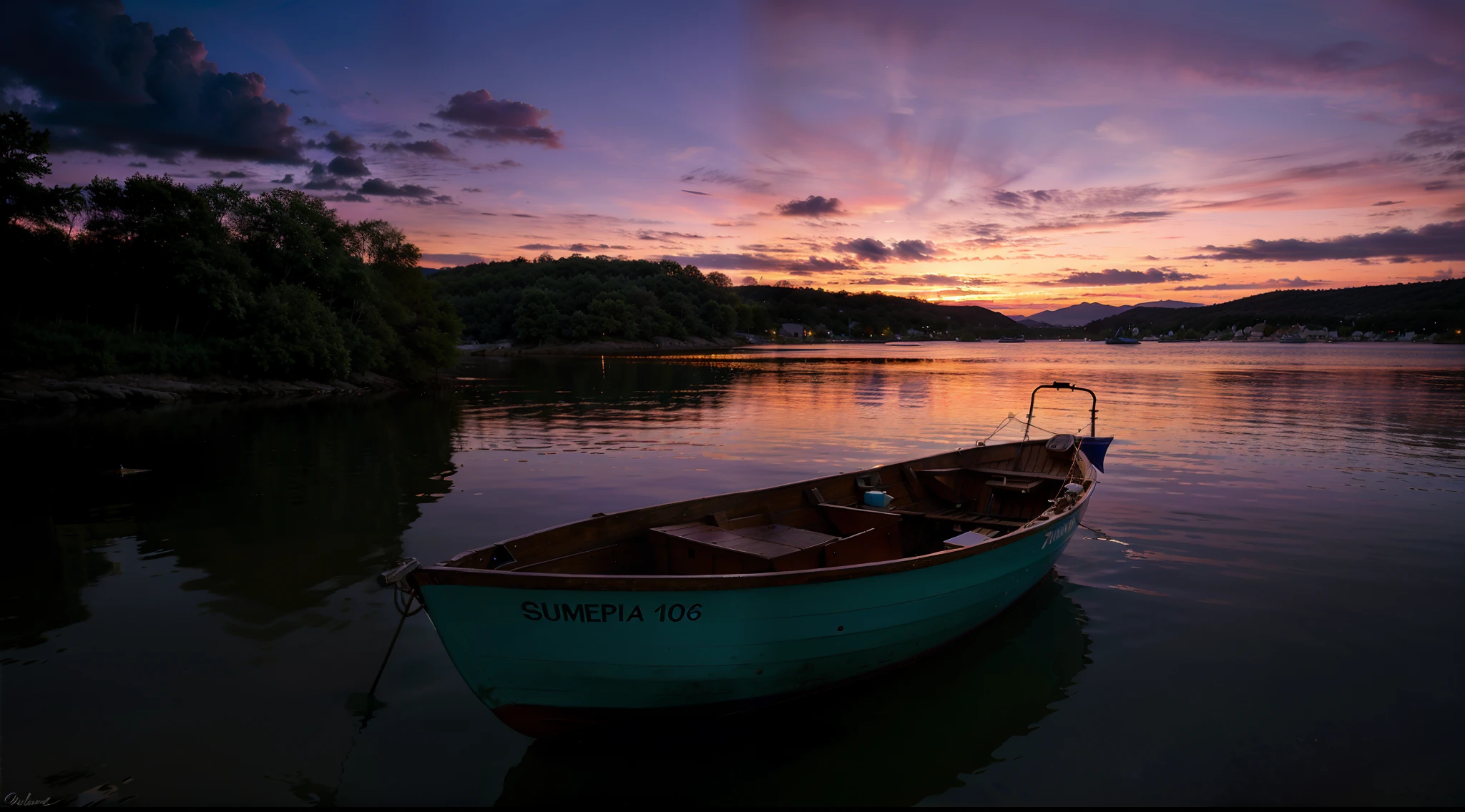 there is a small boat that is sitting in the water, serene colors, at purple sunset, calm evening, blue hour photography, photography shot at blue hour, calm vivid colors, vibrant setting, purple glow, purple sunset, colorful sunset, serene evening atmosphere, tranquility, taken with sigma 2 0 mm f 1. 4, vibrant vivid colors, calm atmosphere