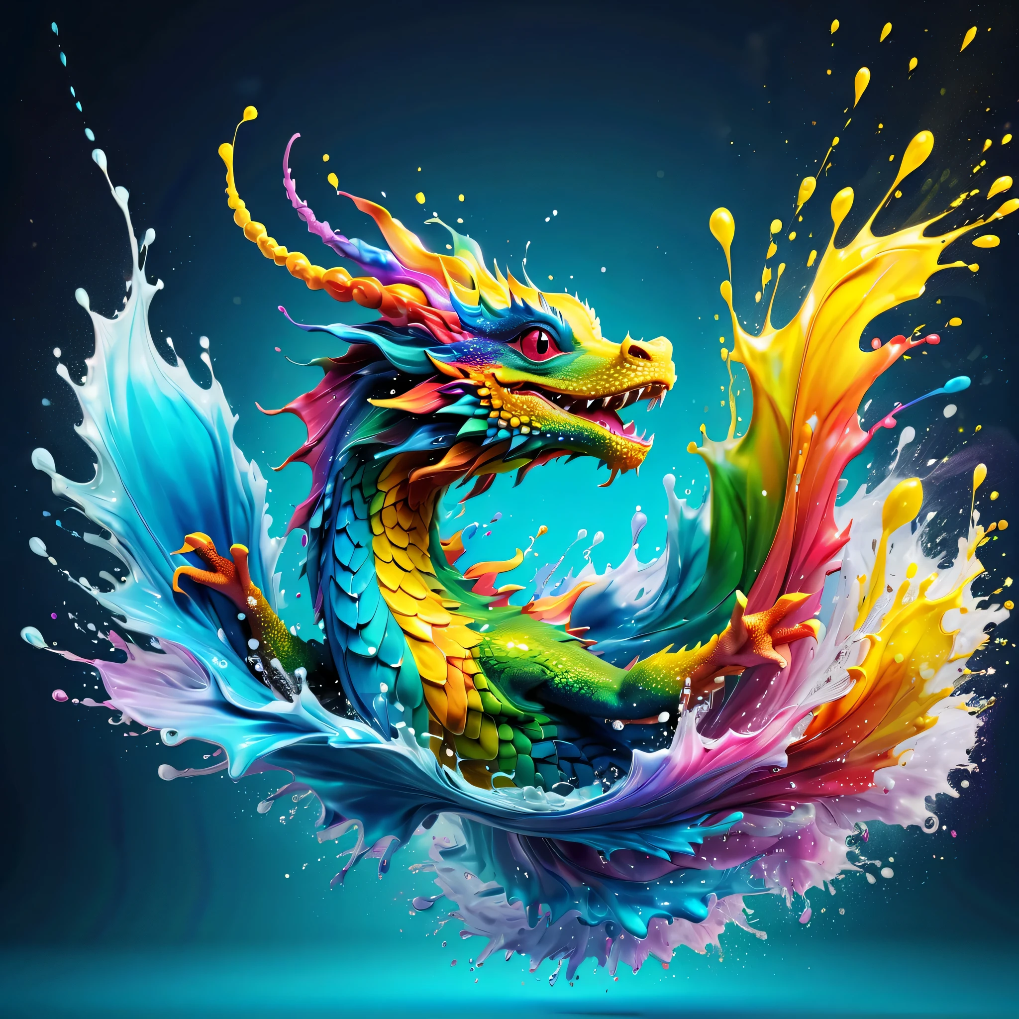 Expressing the flow of ink dancing in the wind,water effects,colorful water,A water dragon is swimming in the ink,Ink splash,Sparkling,Bright colors,light reflection,rich colors,abstract,3D,8K,High resolution,masterpiece,high quality,Detailed details,Colors of the rainbow,laugh mischievously,tricky,design,fun,bright colors,splash of water,invite you to the world of art,wonderful,dim background