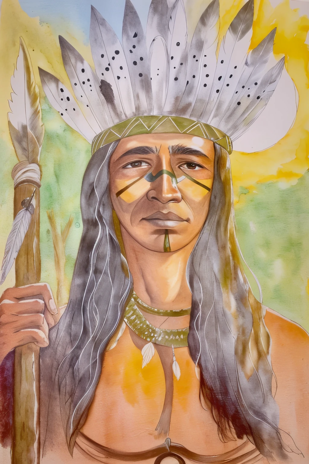 painting of a native woman with a spear and feather headdress, inspirado em George Catlin, a Nativo americano warrior, Guerreiro indiano, Nativo americano warrior, inspirado em Karl Bodmer, retrato de uma mulher guerreira, mulher guerreira, a young female shaman, Retrato de Pocahontas, portrait of a female druid, Nativo americano, indigenous man, indigenous