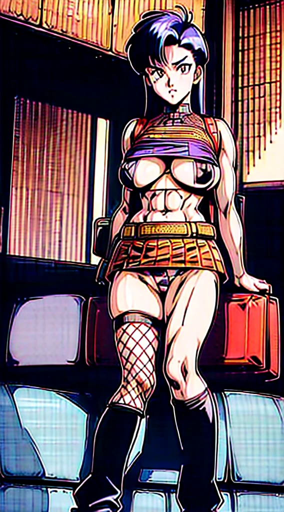 1990s, (masterpiece), high-definition, detailed face, korean girl, abs, (big tits: 1.4) big hips, messy (dark purple and blue hair), orange eyes, crop top sweater, jacket, (red tight skirt: 1.3), belt, (thong: 1.4), thigh high stockings, boots, fishnet, living room, sitting on a couch, (messenger bag: 1.3), sunset