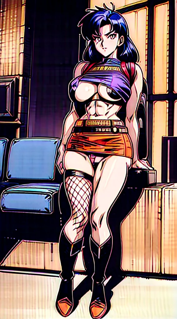 1990s, (masterpiece), high-definition, detailed face, korean girl, abs, (big tits: 1.4) big hips, messy (dark purple and blue hair), orange eyes, crop top sweater, jacket, (red tight skirt: 1.3), belt, (thong: 1.4), thigh high stockings, boots, fishnet, living room, sitting on a couch, (messenger bag: 1.3), sunset