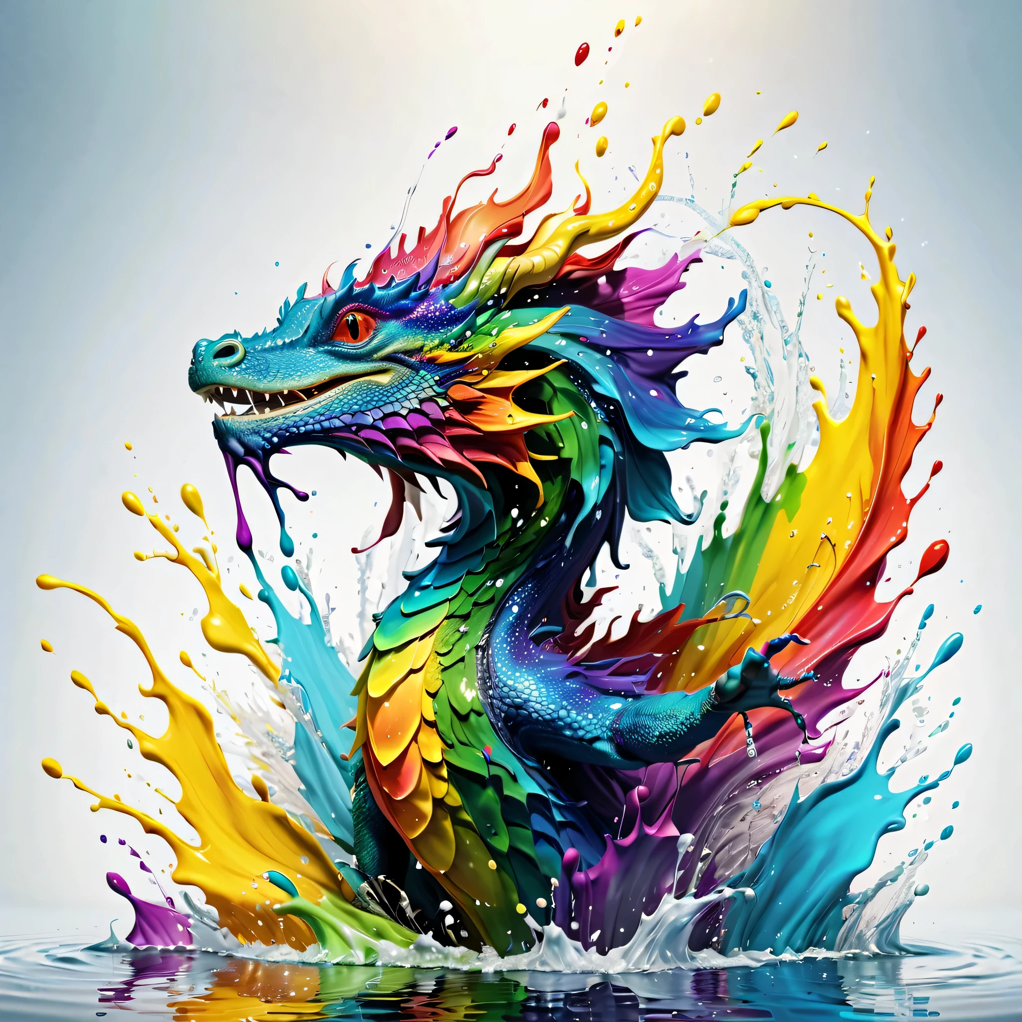 Expressing the flow of ink dancing in the wind,water effects,colorful water,A water dragon is swimming in the ink,Ink splash,Sparkling,Bright colors,light reflection,rich colors,abstract,3D,8K,High resolution,masterpiece,high quality,Detailed details,Colors of the rainbow,laugh mischievously,tricky,design,fun,bright colors,splash of water,invite you to the world of art,wonderful,dim background