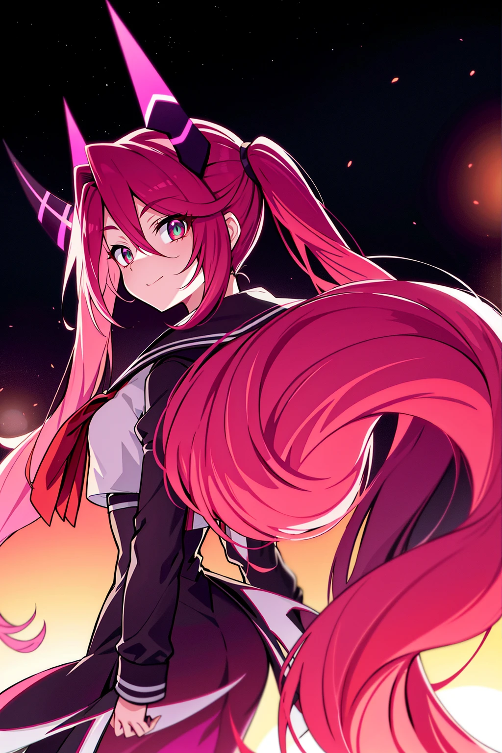 [(ultra-detalhado),(melhor sombra),(cinematic lighting),dynamic angle,(detalhes finos)],Vermelho_cabelo,long cabelo,Flash de preenchimento,serafuku,olhos azuis,twintails,,dragon horns,arco,,cabelo between eyes,Sozinho,Bonitinho