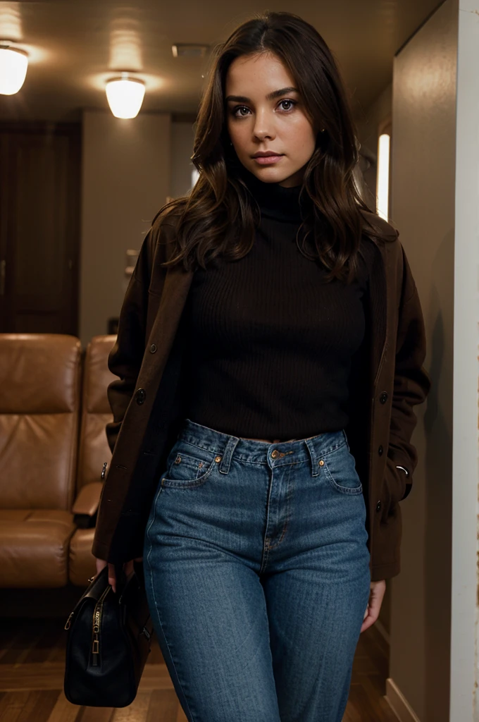 brown hair, brown eyes, fit girl, hellbrown coat, black turtle neck pullover, blue jeans, cinema, waiting