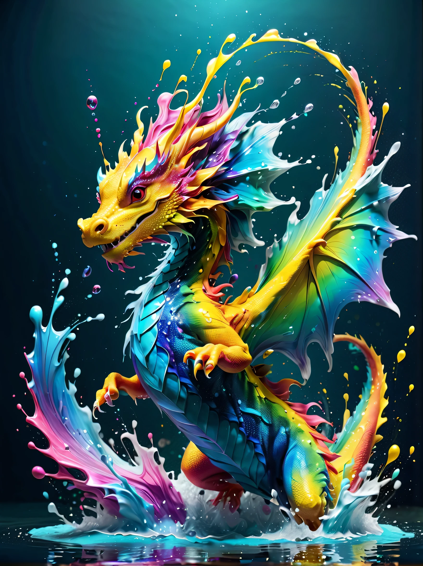 Expressing the flow of ink dancing in the wind,water effects,colorful water,A water dragon is swimming in the ink,dragon&#39;The body is smooth and streamlined.,Ink splash,Sparkling,Bright colors,light reflection,rich colors,abstract,3D,8K,High resolution,masterpiece,high quality,Detailed details,Colors of the rainbow,laugh mischievously,tricky,design,fun,bright colors,splash of water,invite you to the world of art,wonderful,dim background