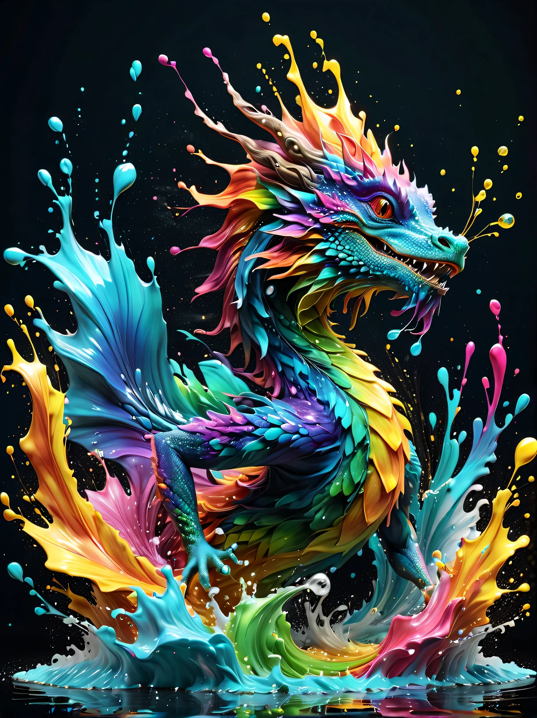 Expressing the flow of ink dancing in the wind,water effects,colorful water,A water dragon is swimming in the ink,Ink splash,Sparkling,Bright colors,light reflection,rich colors,abstract,3D,8K,High resolution,masterpiece,high quality,Detailed details,Colors of the rainbow,laugh mischievously,tricky,design,fun,bright colors,splash of water,invite you to the world of art,wonderful,dim background