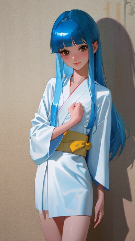 {{{{amazing quality, great quality, high quality, very aesthetic, aesthetic, best quality}}}},
realistic, photo, shadow, Three-dimensional, absurdres, Digital art,
{{{{Magical girl}}}}, beautiful girl, one girl,
light blue hair, long straight hair, hair, trimmed hair, shiny hair, blunt bangs, short sideburns,
brown eyes, tareme,
{{flat chest}}, {{small breasts}}, {{detailed body}}, slim thighs, thin thighs, white kimono , yellow band,