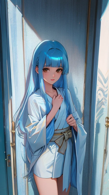 {{{{amazing quality, great quality, high quality, very aesthetic, aesthetic, best quality}}}},
realistic, photo, shadow, Three-dimensional, absurdres, Digital art,
{{{{Magical girl}}}}, beautiful girl, one girl,
light blue hair, long straight hair, hair, trimmed hair, shiny hair, blunt bangs, short sideburns,
brown eyes, tareme,
{{flat chest}}, {{small breasts}}, {{detailed body}}, slim thighs, thin thighs, white kimono , yellow band,