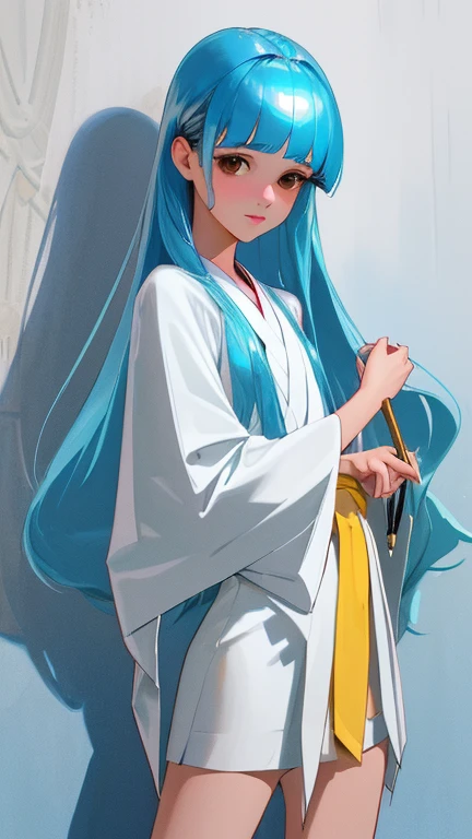 {{{{amazing quality, great quality, high quality, very aesthetic, aesthetic, best quality}}}}, 
realistic, photo, shadow, Three-dimensional, absurdres, Digital art, 
{{{{Magical girl}}}}, beautiful girl, one girl, 
light blue hair, long straight hair, hair, trimmed hair, shiny hair, blunt bangs, short sideburns, 
brown eyes, tareme, 
{{flat chest}}, {{small breasts}}, {{detailed body}}, slim thighs, thin thighs, white kimono , yellow band, 