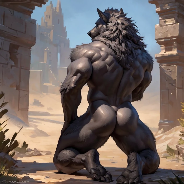Blaidd the half wolf from elden ring, gray fur, seductive look with his back to the camera kneeling naked showing his big feets and butt. Big muscles, Hands on the ground, By Taran Fiddler