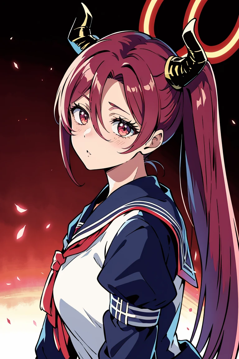 [(ultra-detalhado),(melhor sombra),(cinematic lighting),dynamic angle,(detalhes finos)],Vermelho_cabelo,long cabelo,Flash de preenchimento,serafuku,olhos azuis,twintails,,dragon horns,arco,,cabelo between eyes,Sozinho,Bonitinho