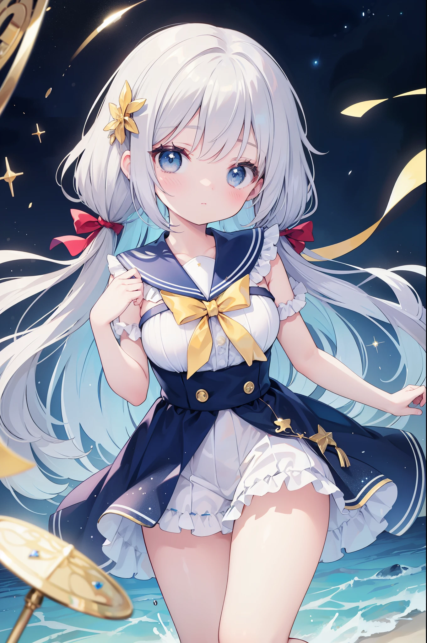 （masterpiece）、(highest quality)、((Super detailed))、(super delicate)、cute、Pastel colors hair、beautiful breasts、Gorgeous、fantastic sea of stars、Gold, silver, and deep blue sailor suit