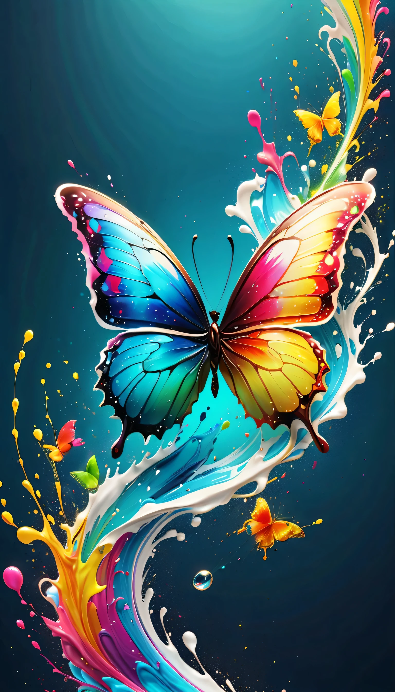 Expressing the flow of ink dancing in the wind,water effects,colorful water,butterfly shaped water,Ink splash,Sparkling,Bright colors,light reflection,rich colors,abstract,3D,8K,High resolution,masterpiece,high quality,Detailed details,Colors of the rainbow,Naughty,tricky,design,fun,bright colors,splash of water,invite you to the world of art,wonderful,dim background