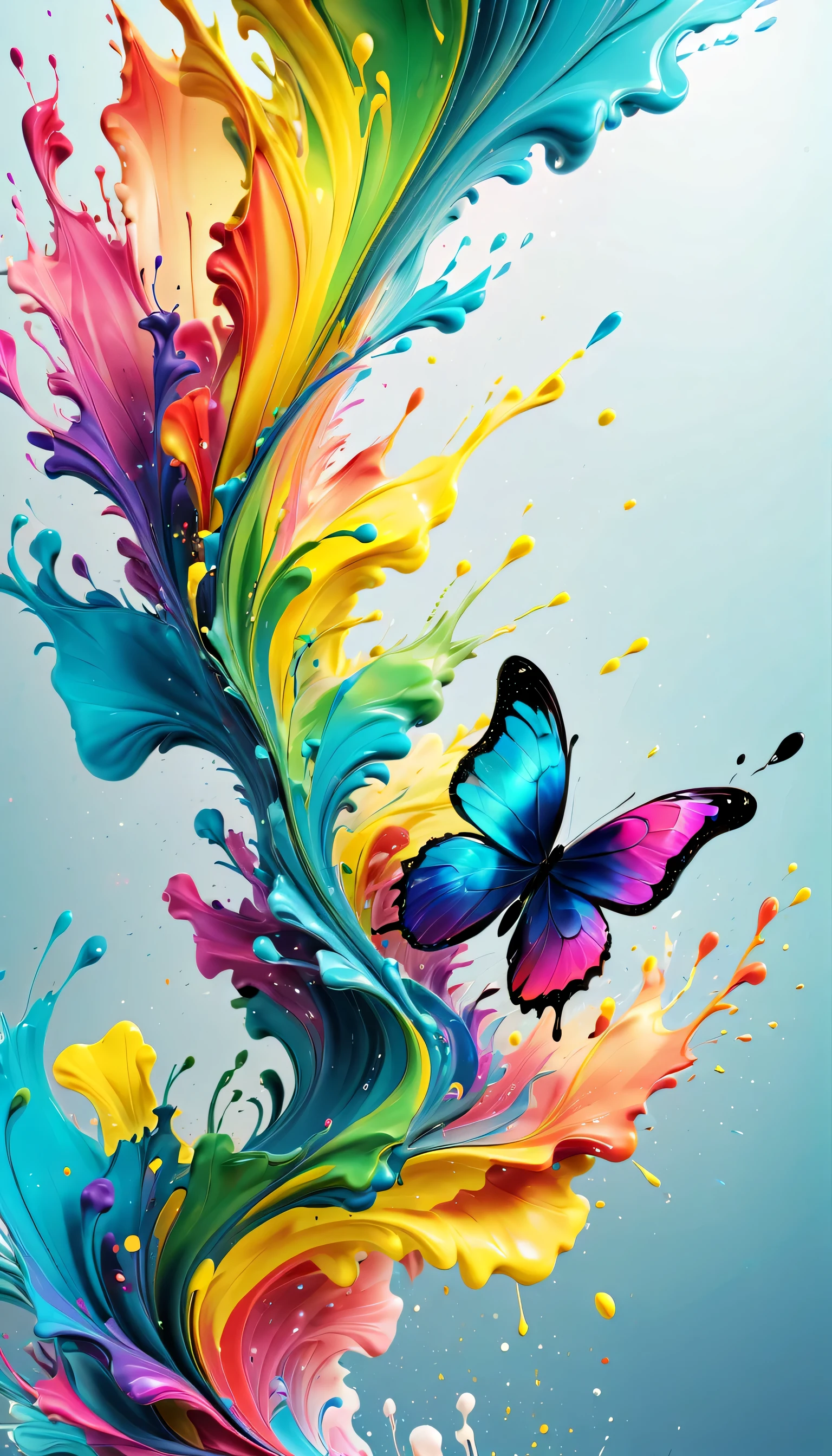 Expressing the flow of ink dancing in the wind,water effects,colorful water,butterfly shaped water,Ink splash,Sparkling,Bright colors,light reflection,rich colors,abstract,3D,8K,High resolution,masterpiece,high quality,Detailed details,Colors of the rainbow,Naughty,tricky,design,fun,bright colors,splash of water,invite you to the world of art,wonderful,dim background