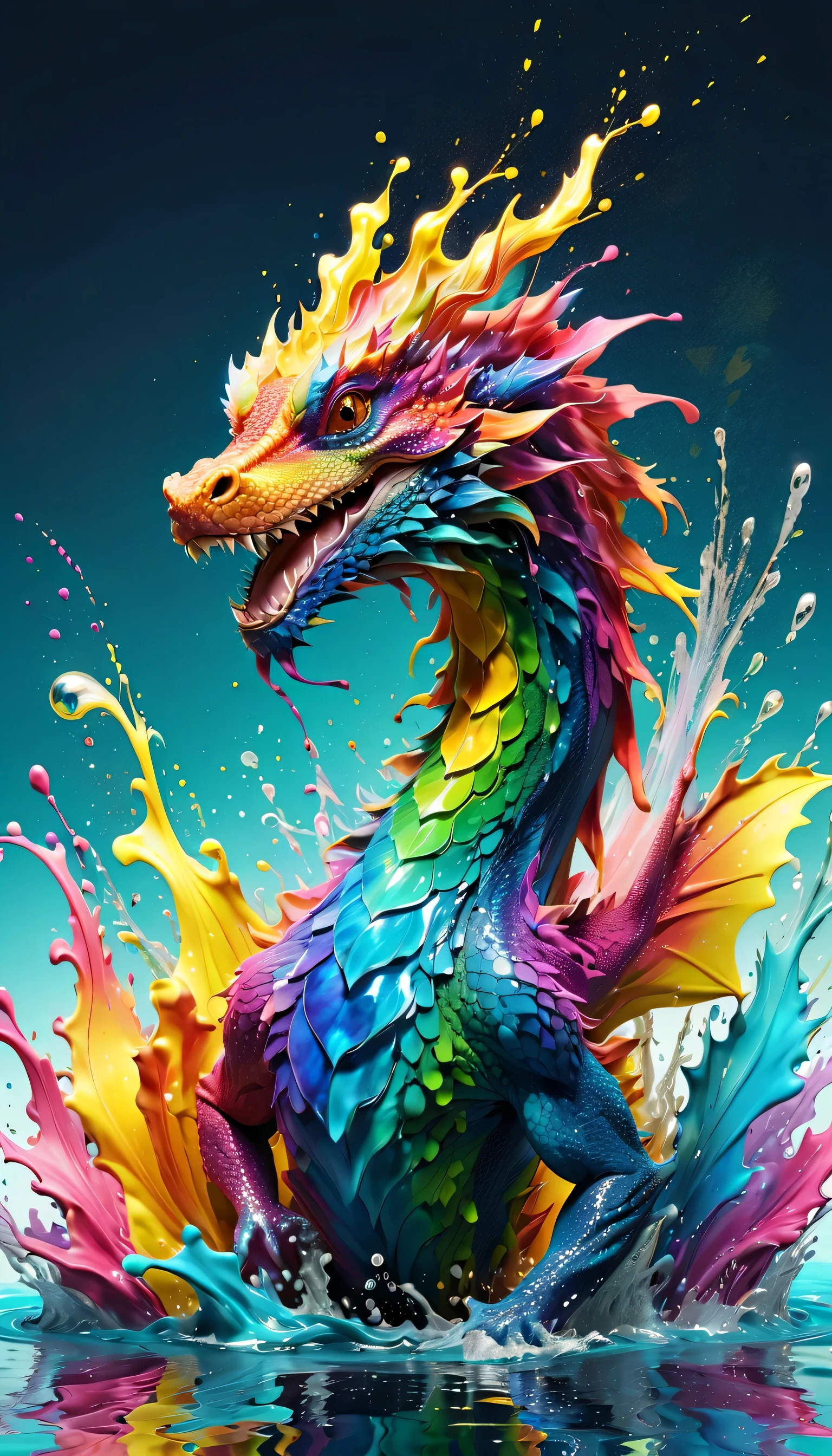 Expressing the flow of ink dancing in the wind,water effects,colorful water,A water dragon is swimming in the ink,Ink splash,Sparkling,Bright colors,light reflection,rich colors,abstract,3D,8K,High resolution,masterpiece,high quality,Detailed details,Colors of the rainbow,laugh mischievously,tricky,design,fun,bright colors,splash of water,invite you to the world of art,wonderful,dim background