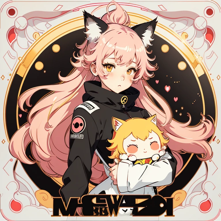 Sticker, Cute anime girl head, Long curly pink hairstyle,Deep yellow eyes,Black wolf ears,cute clothing,Lazy feeling,in circle, White background, red background,Gold border,Simple, Ultra detailed, Detailed drawing, vectorised, Silhouette, 8K, professional sticker design, Flat design, Vector lines, Sticker, Drawing, Drawing, Full-HD