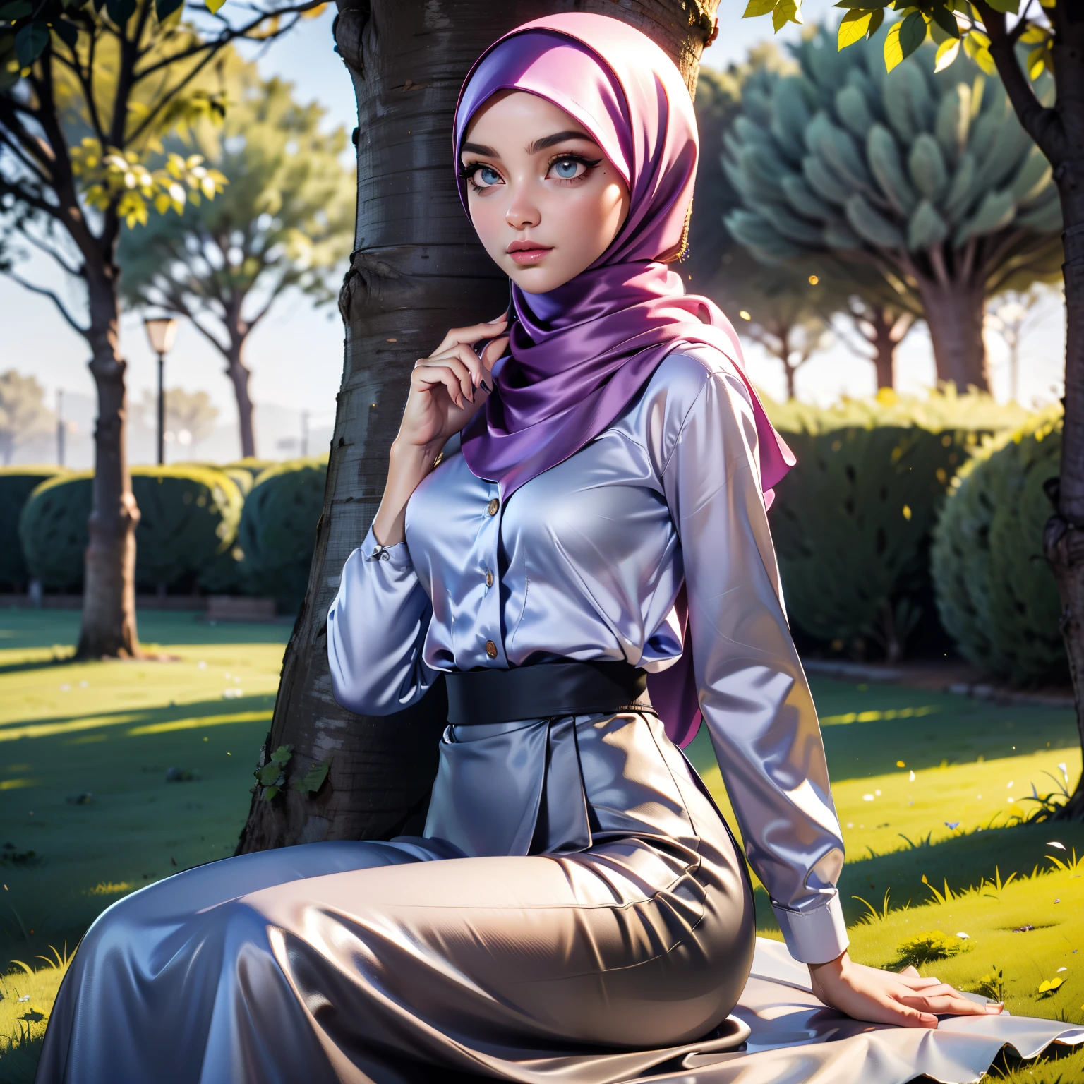 Beautiful turkish lady, wearing gray satin hijab, beautifully makeup, purple eyeshadow, brown beautiful big eyes, long eye lashes, wearing gray satin shirt, purple satin long maxi skirt, sitting on a sofa