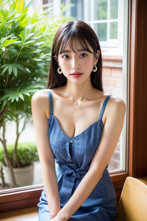 Photo Japanese beautiful girl Marinfuu Honda Thick, chubby, glamorous, large, ?????, heart, fair skin, long, thin, straight black hair, narrow eyes, thin lips, pearl earrings, pearl necklace, soft cotton clothing, tight-fitting sleeveless, shoulder straps, pale lavender clothing Clothes made of transparent lace-like fabric. Outside the window is the sea. Sitting in a chair in front of the computer in the office. Working at the computer. Pareo. Deep cut in the ?????. Deep cleavage. Front right.