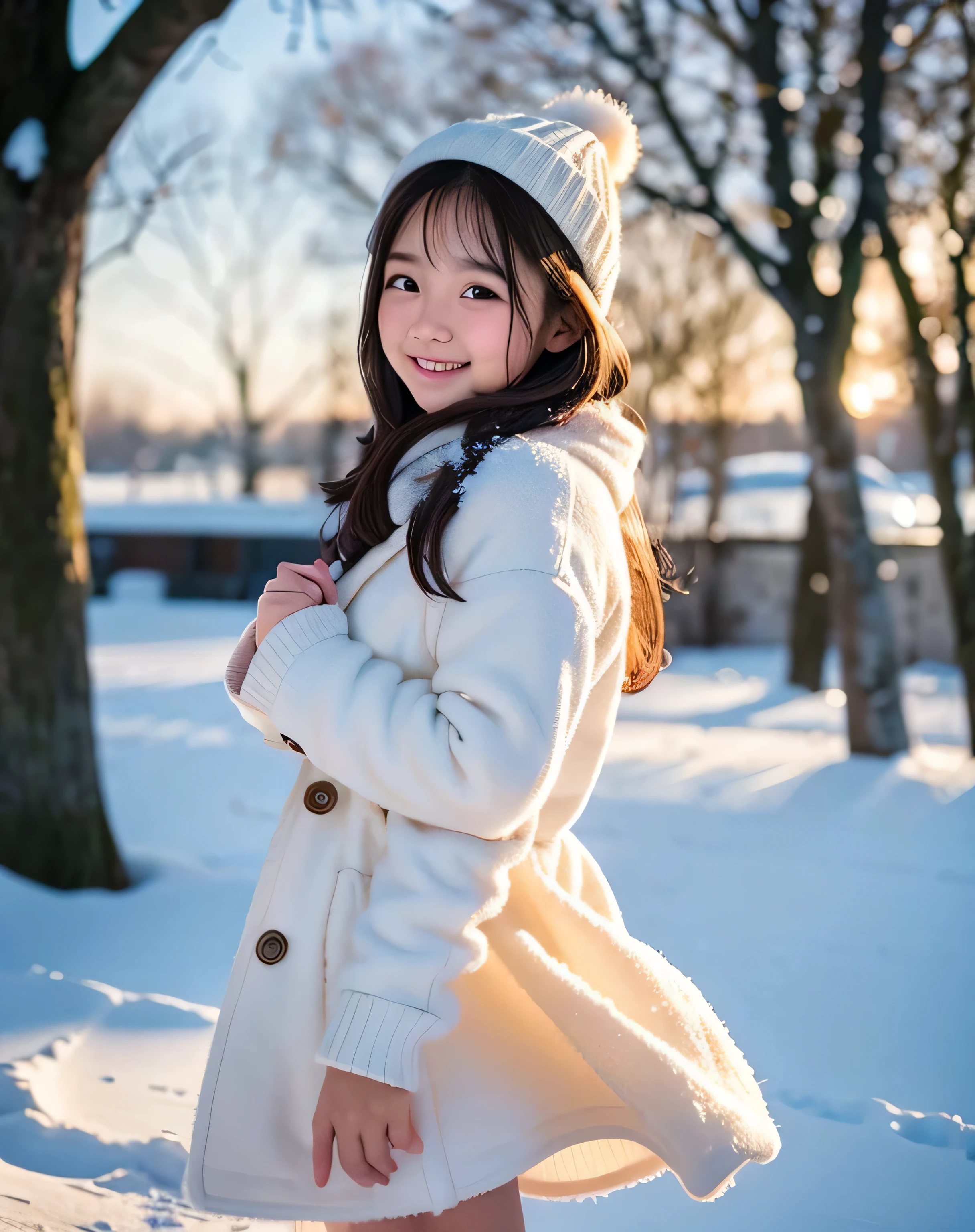 Indonesian girl with, Snowy landscape, Winter wonderland, Cute and innocent look, rosy cheeks, Sparkling eyes, warm winter clothes, Poses in motion、footsteps in the snow, Falling snowflakes, Frosty tree, Snowy ground, soft snow texture, gentle and delicate lighting, Pastel color palette, dreamy ambiance, quirky and magical, A masterpiece of high resolution:1.2, Ultra-detailed, Realistic:1.37, Vivid colors, Bokeh、innocent smiles、Hair that flutters in the wind、Face Close-up、Rear view