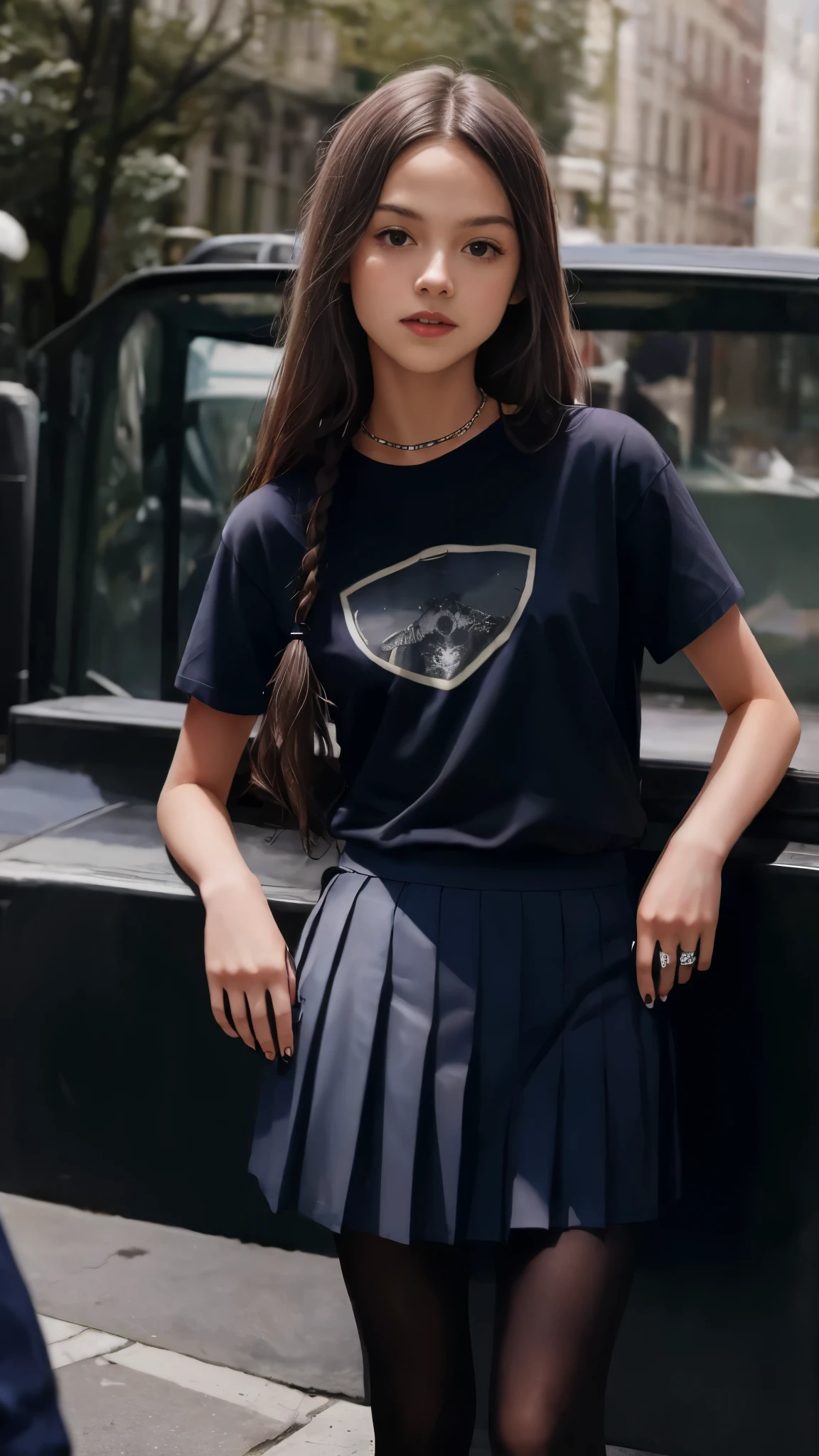 Olivia Rodrigo aged 13, long hair: 1.6, t-shirt, pleated skirt, pantyhose, small breasts, fair skin, photorealistic