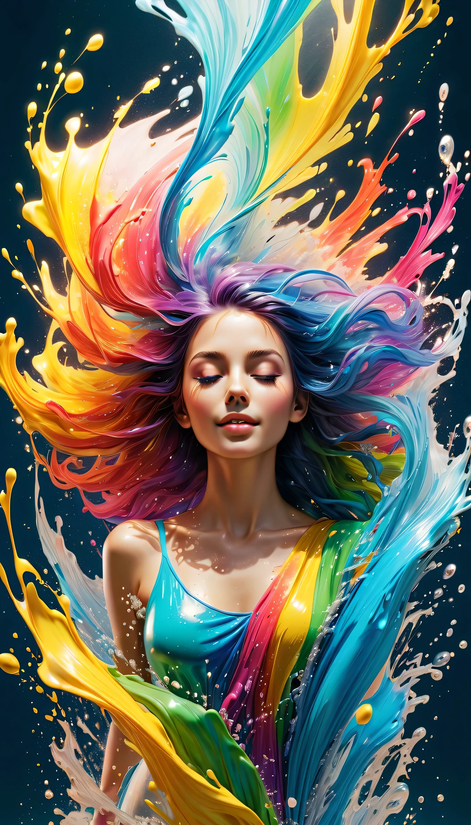 Expressing the flow of ink dancing in the wind,water effects,colorful water,goddess:govern the arts:Manipulating water:rich hair:sleeoing:perfect face:beautiful::healthy,Ink splash,Sparkling,Bright colors,light reflection,rich colors,abstract,3D,8K,High resolution,masterpiece,high quality,Detailed details,Colors of the rainbow,laugh mischievously,tricky,design,fun,bright colors,splash of water,invite you to the world of art,wonderful,dim background