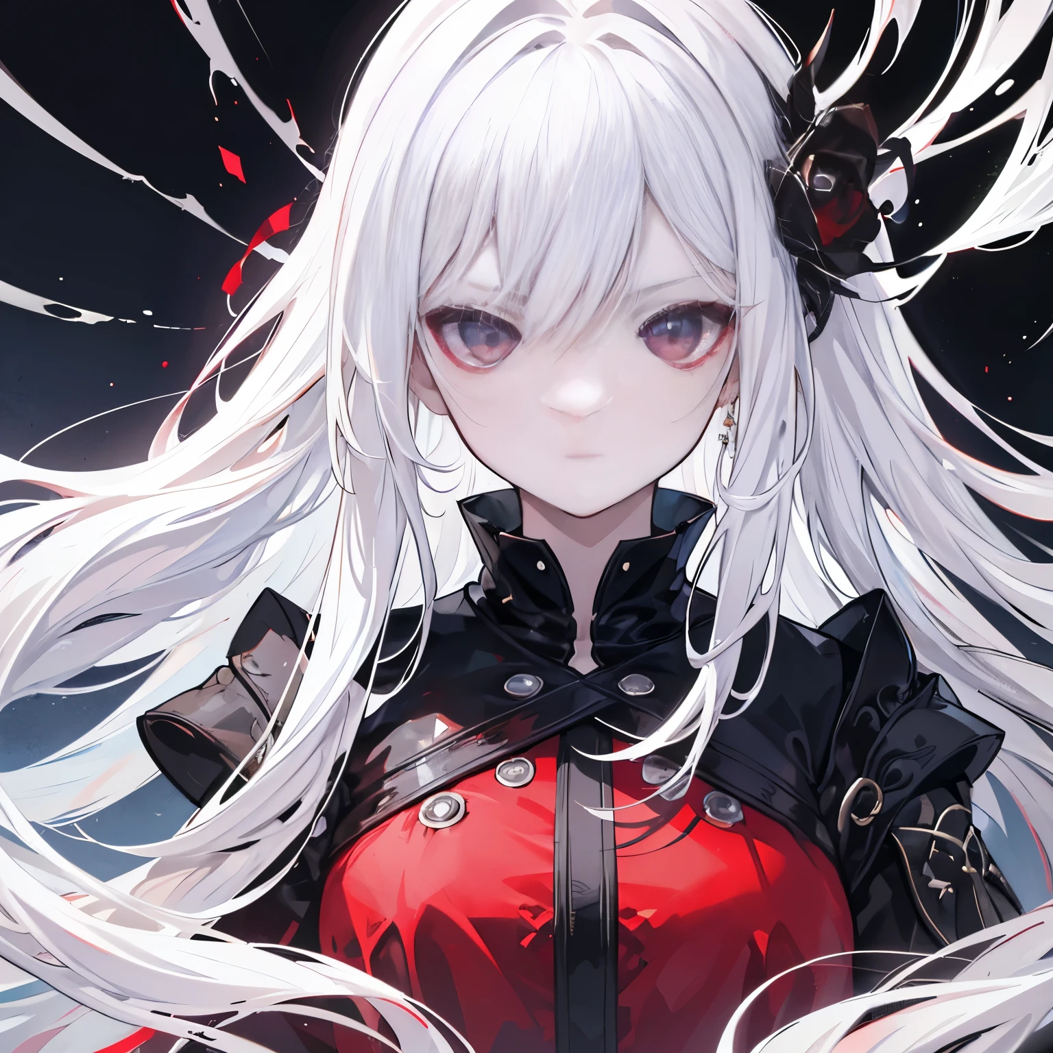 1 girl, absurdly high resolution, masterpiece, very detailed, realistic, long white hair, (black eye), sharp face, clear eyes, scary face, thin, small, young, (Shining white), (black cracks on the skin), red waves of flowing power, looking at the viewer, mid shot, amazing, intense