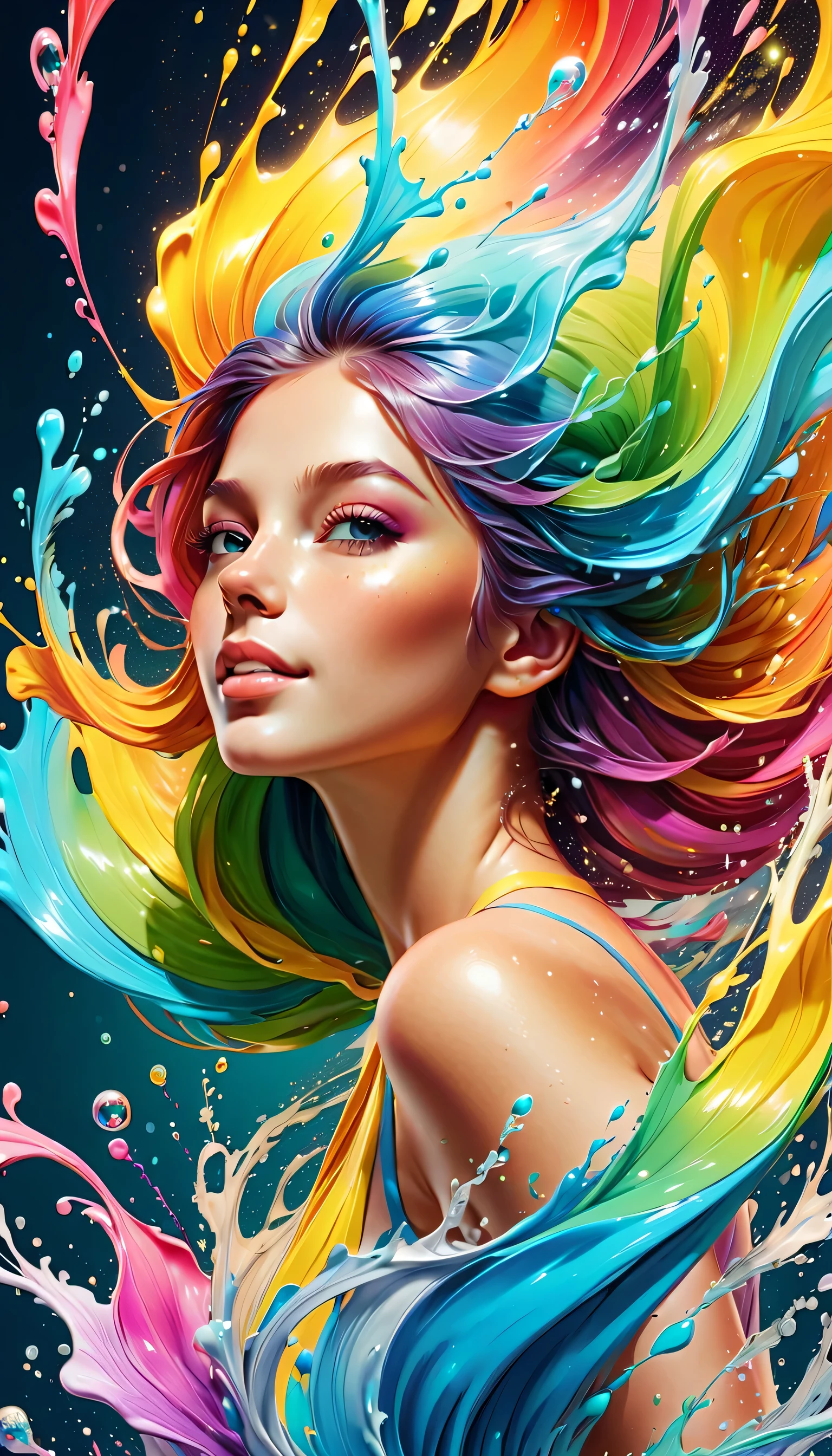 Expressing the flow of ink dancing in the wind,water effects,colorful water,goddess:govern the arts:Manipulating water:rich hair:sleeoing:perfect face:beautiful::healthy,Ink splash,Sparkling,Bright colors,light reflection,rich colors,abstract,3D,8K,High resolution,masterpiece,high quality,Detailed details,Colors of the rainbow,laugh mischievously,tricky,design,fun,bright colors,splash of water,invite you to the world of art,wonderful,dim background