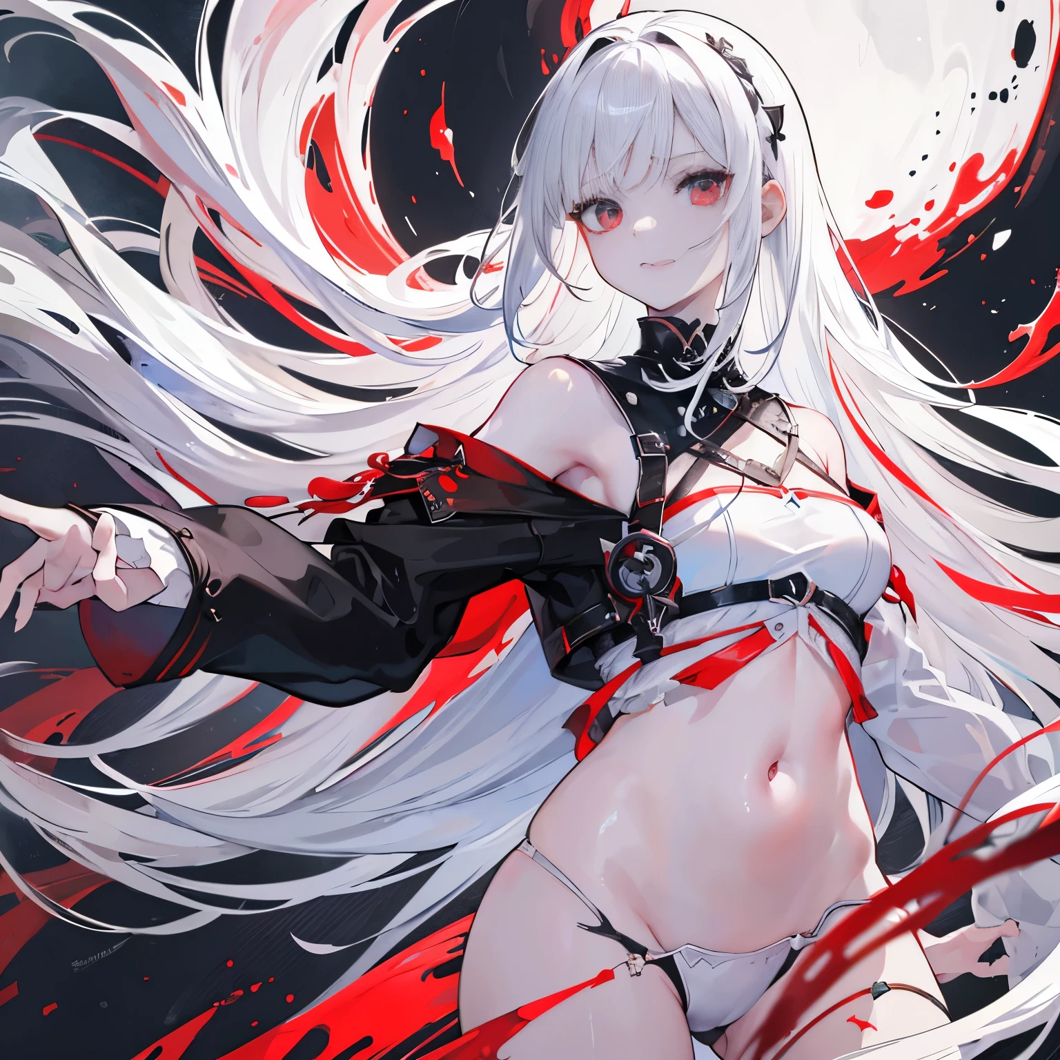 1 girl, absurdly high resolution, masterpiece, very detailed, realistic, long white hair, (black eye), sharp face, clear eyes, scary face, thin, small, young, (Shining white), (black cracks on the skin), red waves of flowing power, looking at the viewer, mid shot, amazing, intense