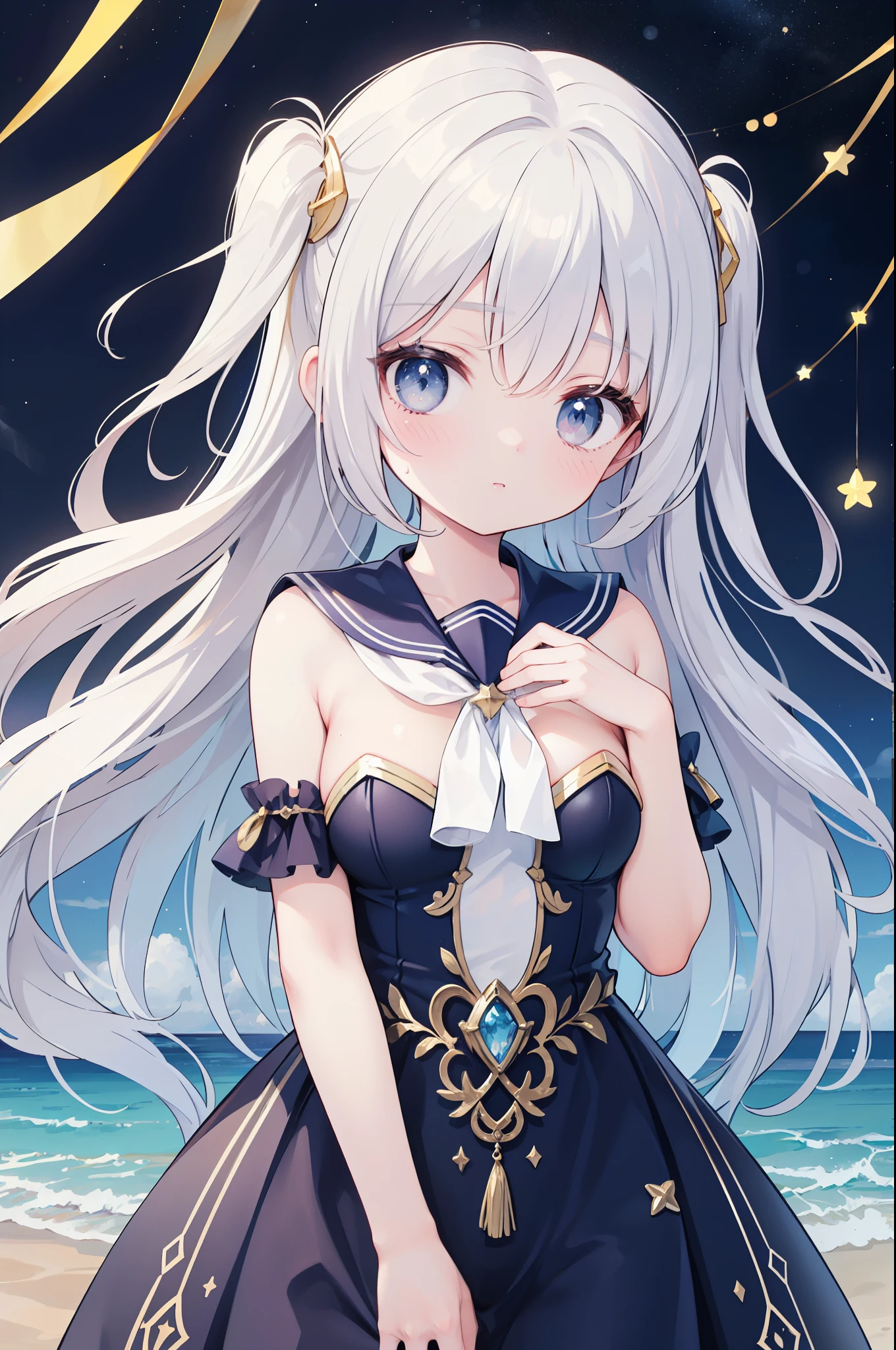 (masterpiece)、(highest quality)、((Super detailed))、(super delicate)、cute、Pastel colors hair、beautiful breasts、Gorgeous、fantastic sea of stars、Gold, silver, and deep blue sailor suit