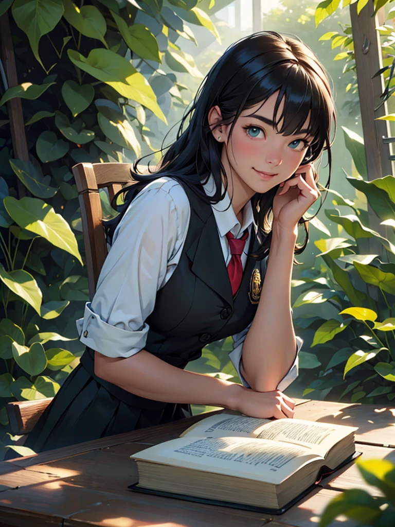 (ultra-detailed, highres, photorealistic:1.37), black-haired young girl, green, beautiful detailed eyes, gentle smile, school uniform, sitting on the table, surrounded by a lush garden, natural sunlight streaming through the trees, vibrant flowers in bloom, butterflies dancing in the air, soft breeze gently swaying her hair, sunlight casting a golden glow on her skin, her delicate fingers holding a book, a sense of tranquility and peacefulness.