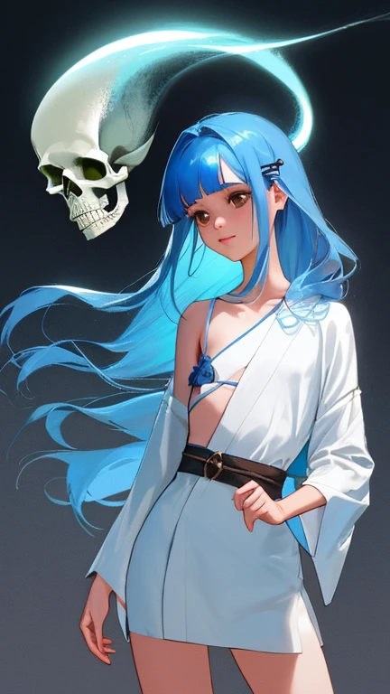{{{{amazing quality, great quality, high quality, very aesthetic, aesthetic, best quality}}}}, 
realistic, photo, shadow, Three-dimensional, absurdres, Digital art, 
{{{{Magical girl}}}}, beautiful girl, one girl, 
light blue hair, long straight hair, hair, trimmed hair, shiny hair, blunt bangs, short sideburns, 
blue eyes, big eyes, round eyes, tareme, 
{{flat chest}}, {{small breasts}}, {{detailed body}}, slim thighs, thin thighs, 
{{white mini yukata}}, {{yellow kimono obi}}, {{skull-shaped hair ornament}}, barefoot, Geta for women, 
No panties, no bra, 
