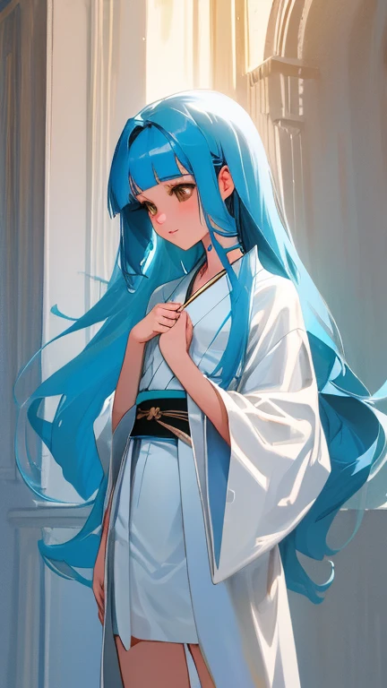 {{{{amazing quality, great quality, high quality, very aesthetic, aesthetic, best quality}}}},
realistic, photo, shadow, Three-dimensional, absurdres, Digital art,
{{{{Magical girl}}}}, beautiful girl, one girl,
light blue hair, long straight hair, hair, trimmed hair, shiny hair, blunt bangs, short sideburns,
brown eyes, tareme,
{{flat chest}}, {{small breasts}}, {{detailed body}}, slim thighs, thin thighs, white kimono , yellow band, skull hairpin,