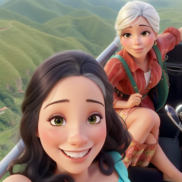 there are two women riding a gondola, 3 45 year old Brazilian mother, cabelos curto, Mulher de 30 anos de Cuba, by Fernando Gerassi, In the sky, malika favre, looks like fabiula nascimento, powder Nándor Katona, view from helicopter, com montanhas ao fundo, por Willian Murai