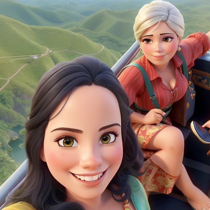 there are two women riding a gondola, 3 45 year old Brazilian mother, cabelos curto, Mulher de 30 anos de Cuba, by Fernando Gerassi, In the sky, malika favre, looks like fabiula nascimento, powder Nándor Katona, view from helicopter, com montanhas ao fundo, por Willian Murai