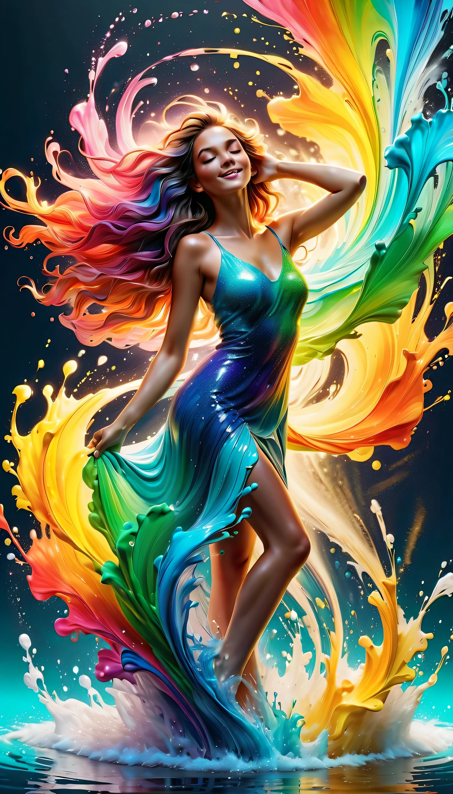 Expressing the flow of ink dancing in the wind,water effects,colorful water,goddess:govern the arts:Manipulating water:rich hair:sleeoing:perfect face:beautiful:************:healthy,Ink splash,Sparkling,Bright colors,light reflection,rich colors,abstract,3D,8K,High resolution,masterpiece,high quality,Detailed details,Colors of the rainbow,laugh mischievously,tricky,design,fun,bright colors,splash of water,invite you to the world of art,wonderful,dim background