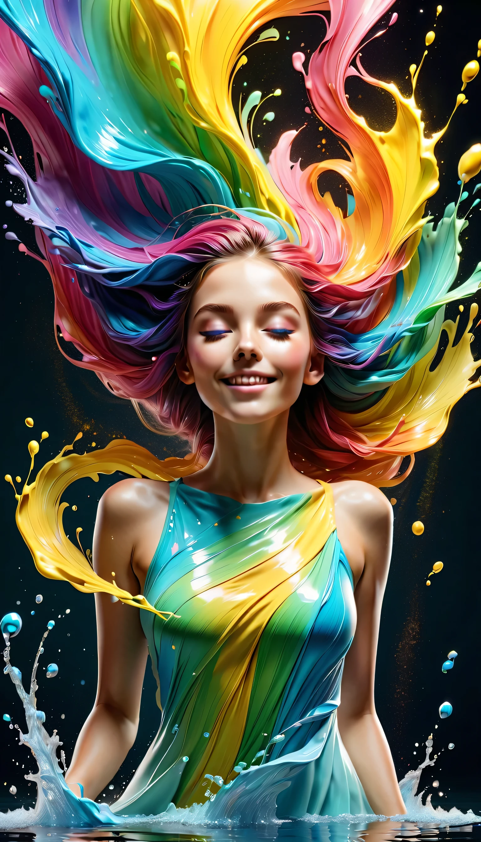 Expressing the flow of ink dancing in the wind,water effects,colorful water,goddess:govern the arts:Manipulating water:rich hair:sleeoing:perfect face:beautiful:************:healthy,Ink splash,Sparkling,Bright colors,light reflection,rich colors,abstract,3D,8K,High resolution,masterpiece,high quality,Detailed details,Colors of the rainbow,laugh mischievously,tricky,design,fun,bright colors,splash of water,invite you to the world of art,wonderful,dim background