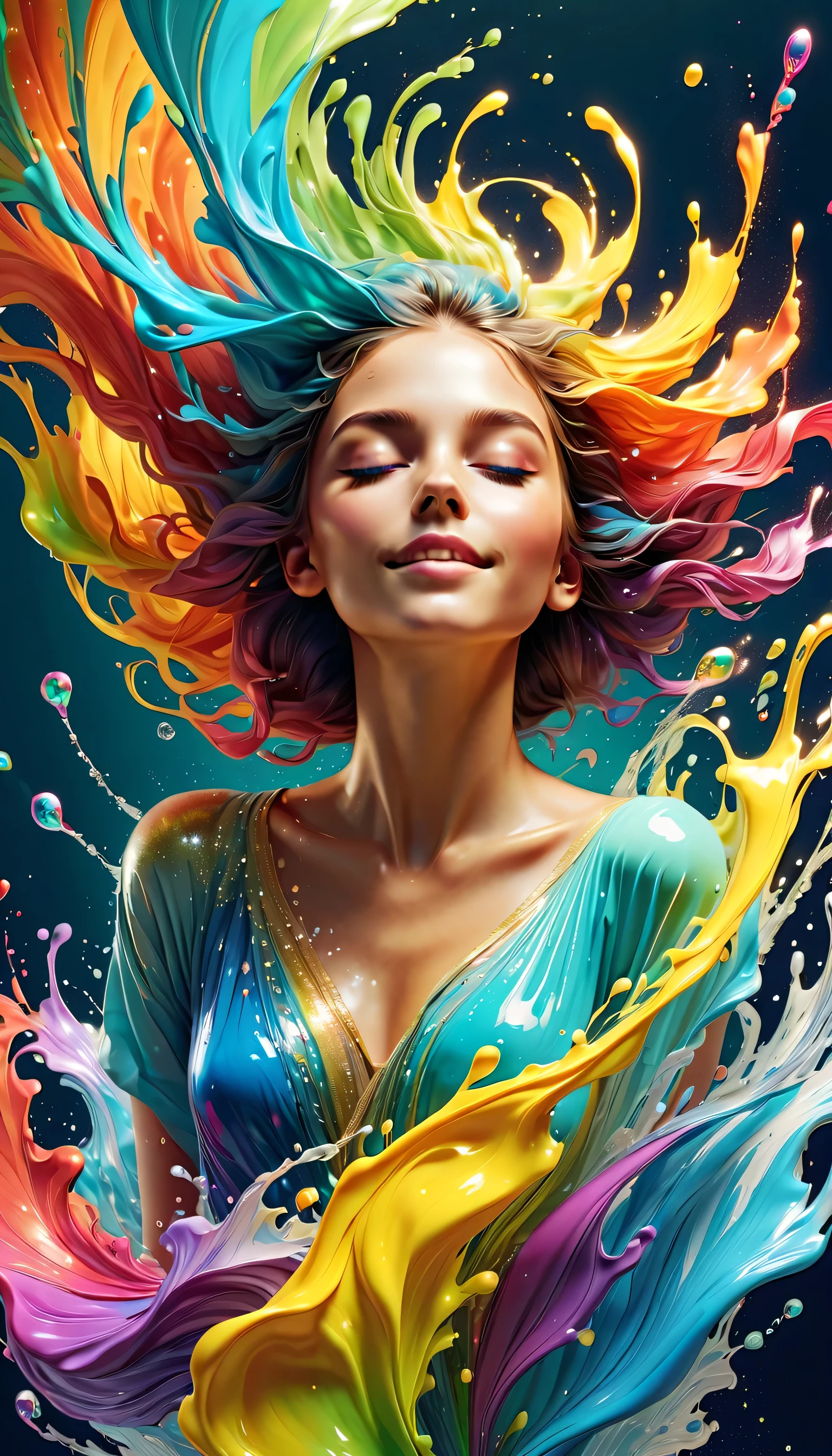 Expressing the flow of ink dancing in the wind,water effects,colorful water,goddess:govern the arts:Manipulating water:rich hair:sleeoing:perfect face:beautiful:17 years old:healthy,Ink splash,Sparkling,Bright colors,light reflection,rich colors,abstract,3D,8K,High resolution,masterpiece,high quality,Detailed details,Colors of the rainbow,laugh mischievously,tricky,design,fun,bright colors,splash of water,invite you to the world of art,wonderful,dim background